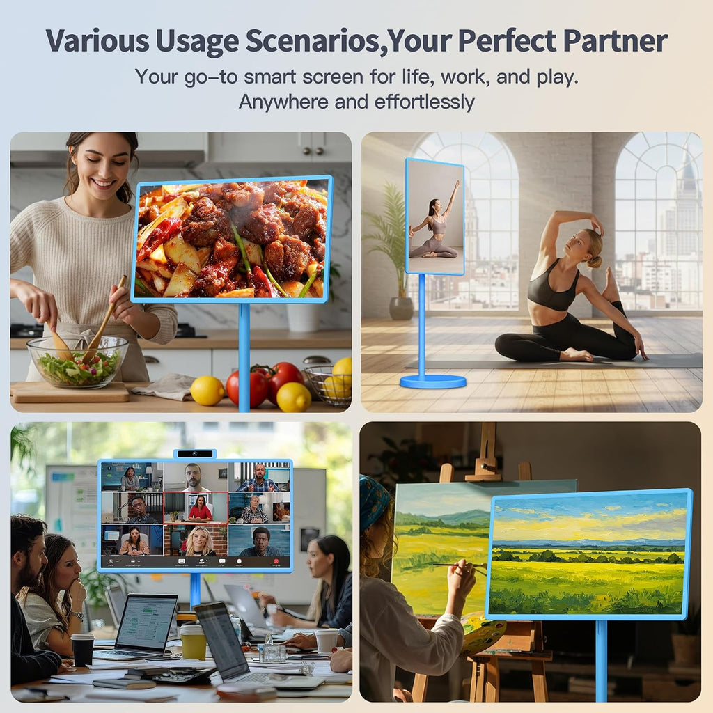 32 Inch Portable Smart TV | 1080P Touch Screen | Android 15 8G+128GB Storage | Movable Monitor on Wheels | 5MP Camera | 38,400 mAh Battery | Voice/Airmouse Remote Control | Versatile Rotatable Display