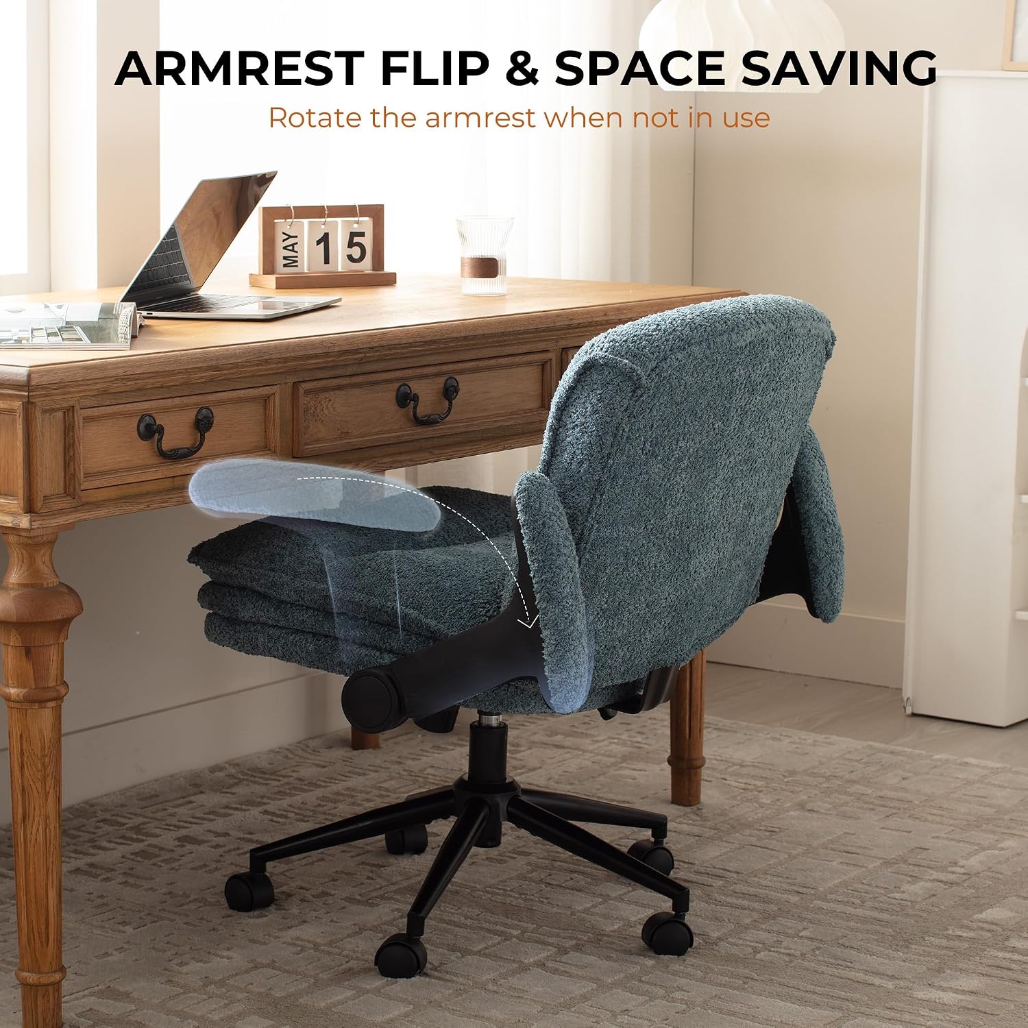 Dowinx Criss Cross Chair with Adjustable Flip-up Arms and Wheels, Comfort Ergonomic Office Desk Armchair with 3 Layer Cushions, Wide Seat Vanity Chair for Home Office, Living Room, Bedroom, Blue