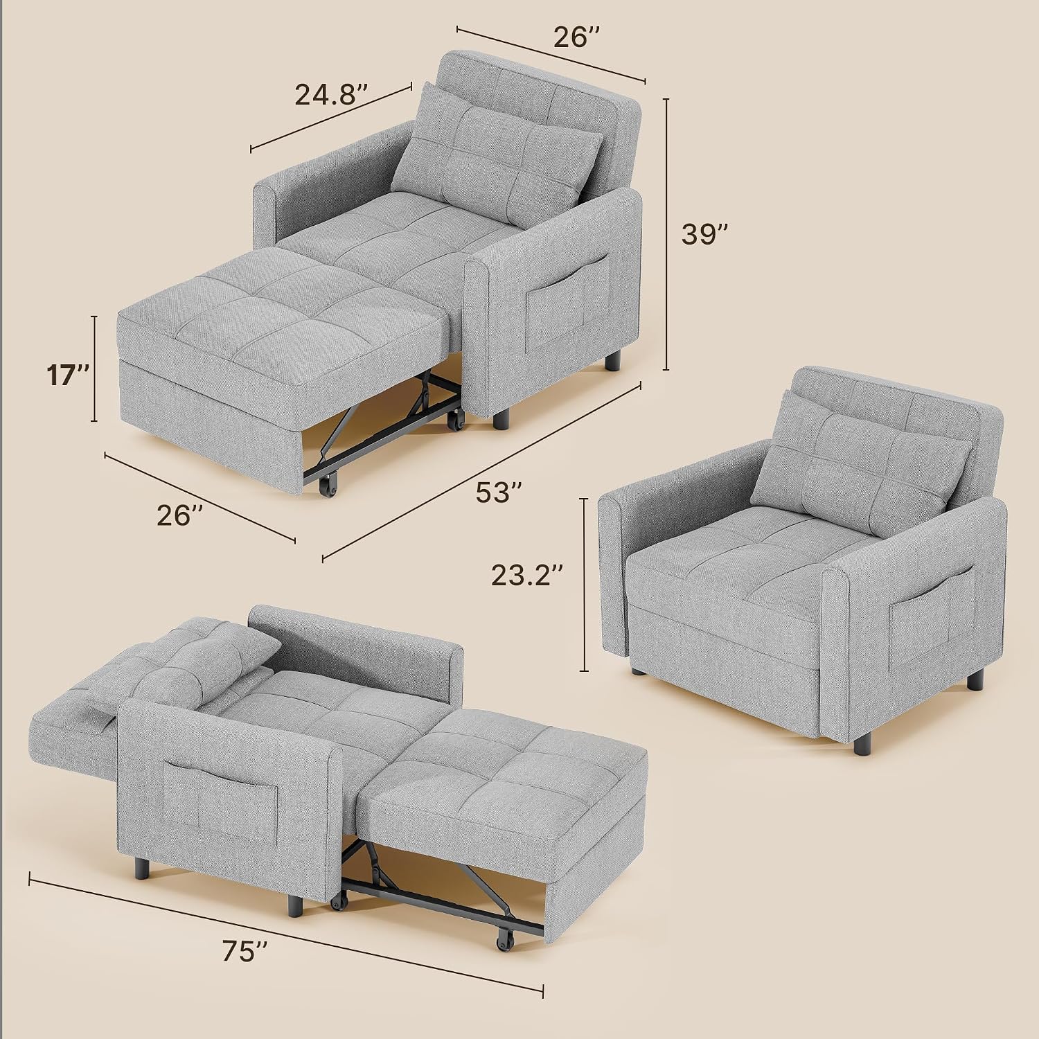 Gizoon Sofa Bed Chair 3 in 1 Convertible, Pullout Single Sleeper Chair Bed with Adjustable Backrest, Spacious Multifunctional Sofa Couches for Living Room, Bedroom, Apartment