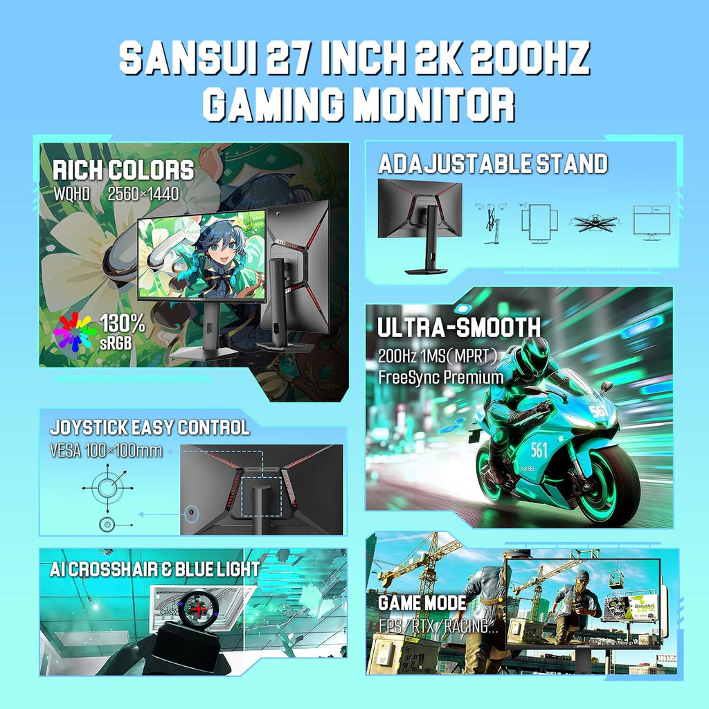 SANSUI Gaming Monitor 27' 1440P 200Hz 180Hz WQHD 2560×1440-AMD FreeSync 1ms DCI-P3 95% Fast IPS Computer Monitor,Height Adjustable Vertical/Horizontal Rotating, 2×DisplayPort/HDMI 丨HDR丨Low Motion Blur