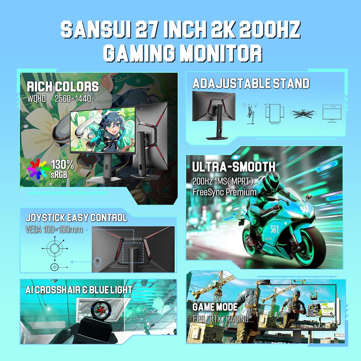SANSUI Gaming Monitor 27' 1440P 200Hz 180Hz WQHD 2560×1440-AMD FreeSync 1ms DCI-P3 95% Fast IPS Computer Monitor,Height Adjustable Vertical/Horizontal Rotating, 2×DisplayPort/HDMI 丨HDR丨Low Motion Blur