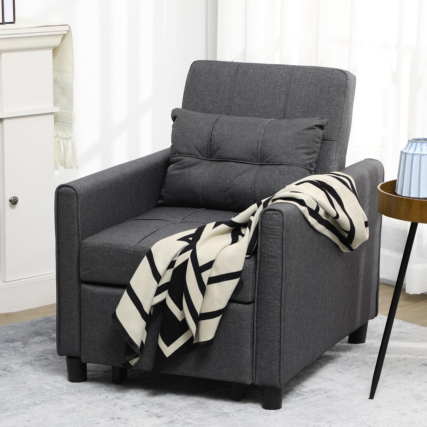 HOMCOM 3-in-1 Convertible Chair Bed, Multi-Functional Single Sofa Bed, Pull Out Sleeper Chair with Adjustable Backrest, Pillow, and Pockets, Gray