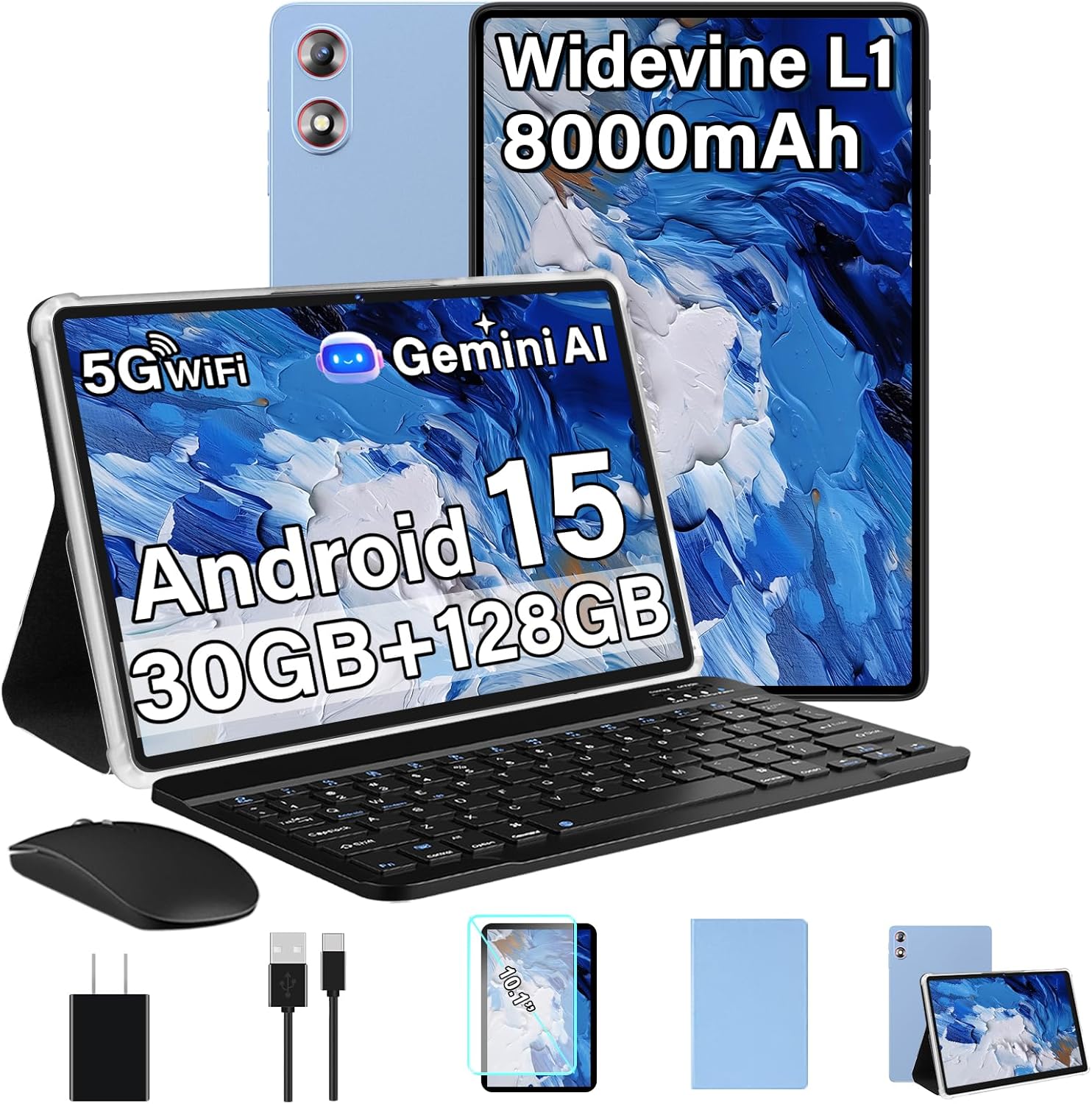 Android 15 Tablet 30GB+128GB+1TB Expand, 2026 10.1 Inch Octa-Core 8000mAh Electronics Tablets with Keyboard Mouse, Gemini AI, 5G WiFi, 1280x800 IPS Touchscreen, GPS, BT5.0, Widevine L1 -Metal Blue