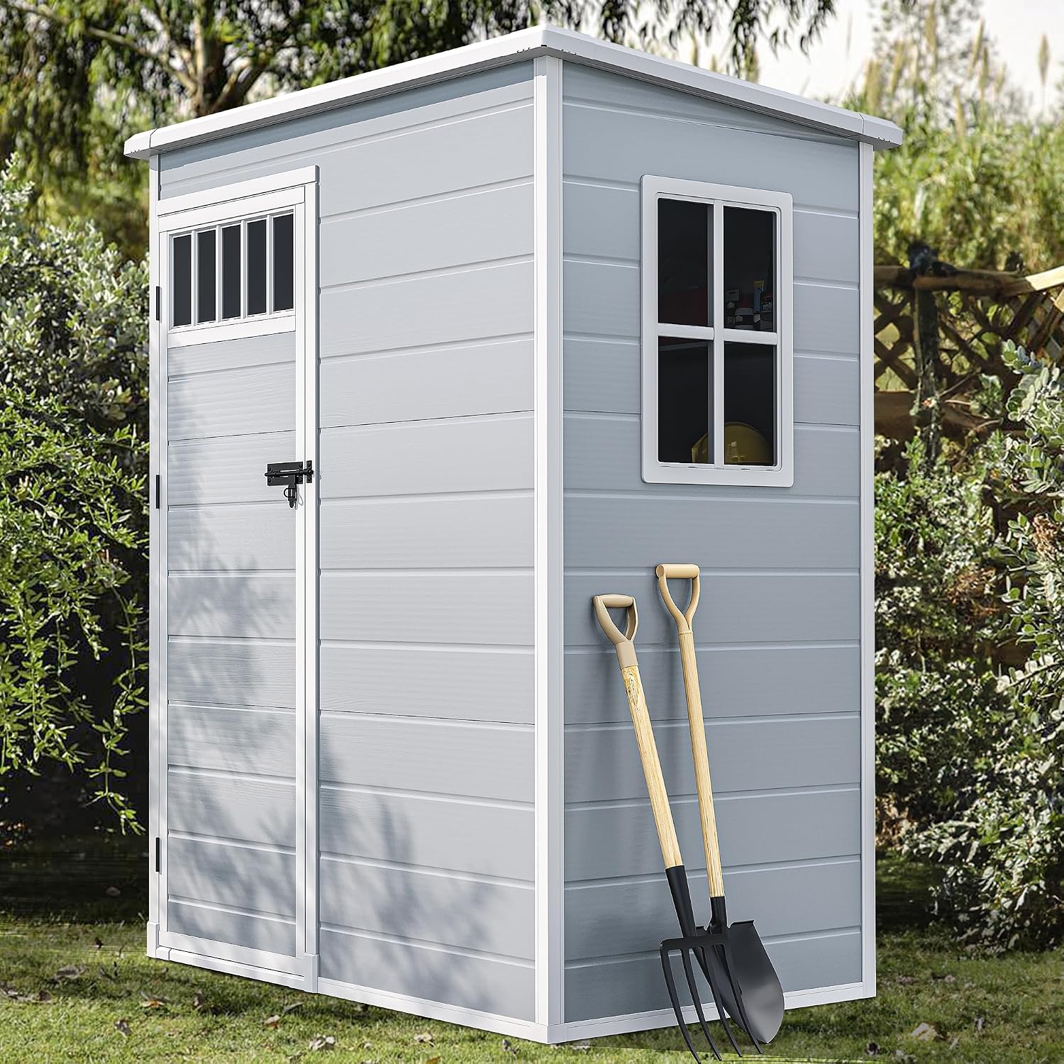 DWVO Outdoor Storage Shed, All-Weather Resin Plastic Storage Shed with Windows, Slanted Roof, Raised Floor, Capacity for Garden Tools & Equipment, Ideal for Backyard & Garden