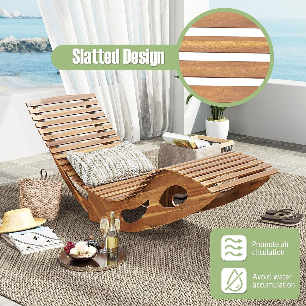 RELAX4LIFE Rocking Chaise Lounge Chair - Acacia Wood Sun Lounger w/Slatted Seat & Bottom Stopper, Indoor Outdoor Rocker for Pool Porch Patio, 350LBS Capacity, Wooden Rocking Lounge Chair (1, 23.5'')