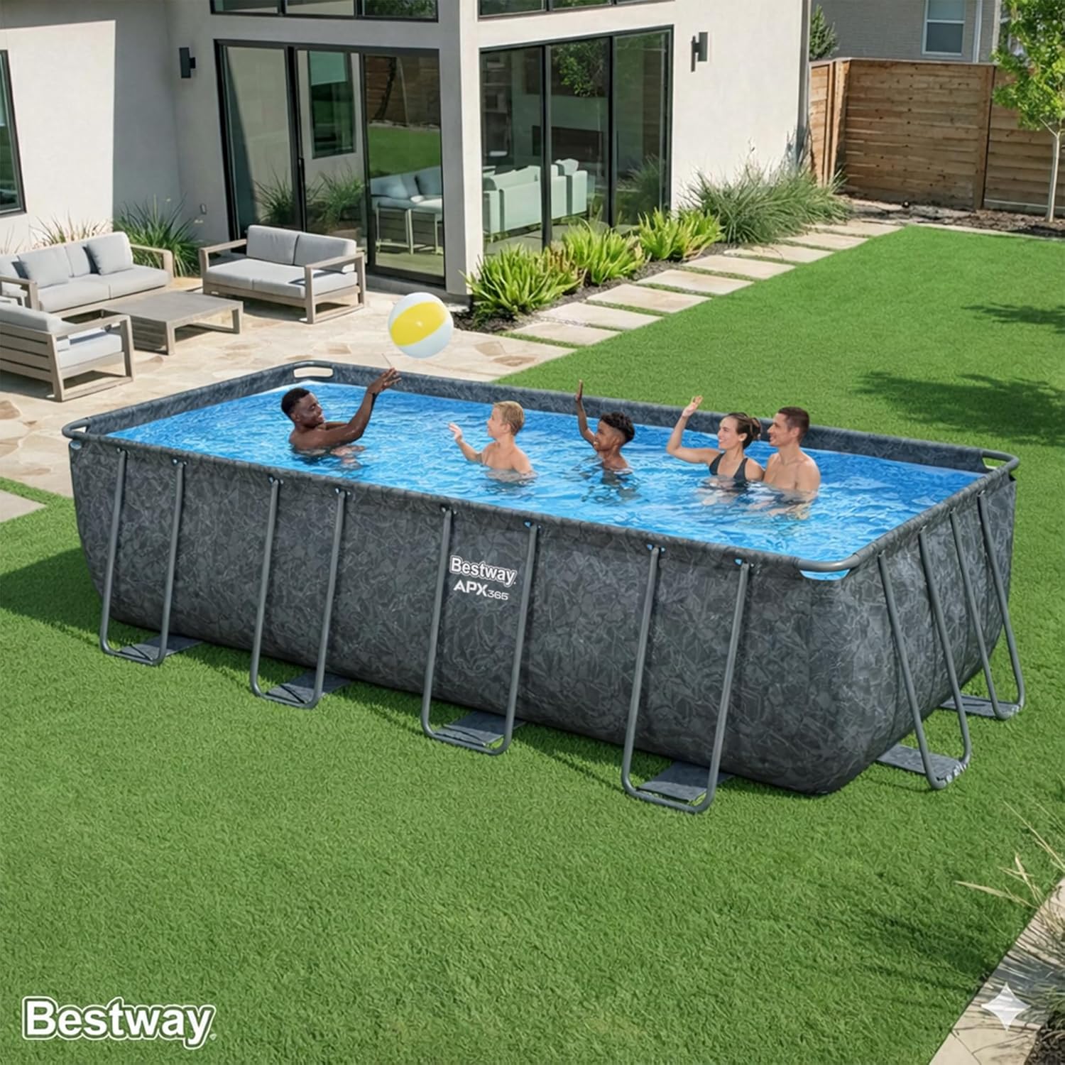 Bestway APX 365 18' x 9' x 52' Above Ground Pool, Rectangular Metal Frame Outdoor Swimming Pool Set with Sand Filter Pump, Ladder, and Cover, Dark Marble