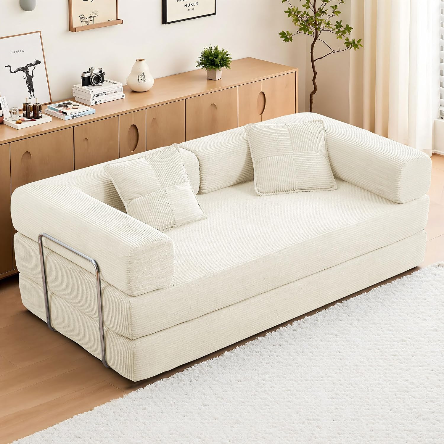 Compression Sofa - 78''Convertible Floor Sofa Bed - with Pillow Back Support Armrest - Comfy Foldable Sofa Bed Compressed Sofa in Box - Corduroy Fabric - for Living Room Bedroom - Off White