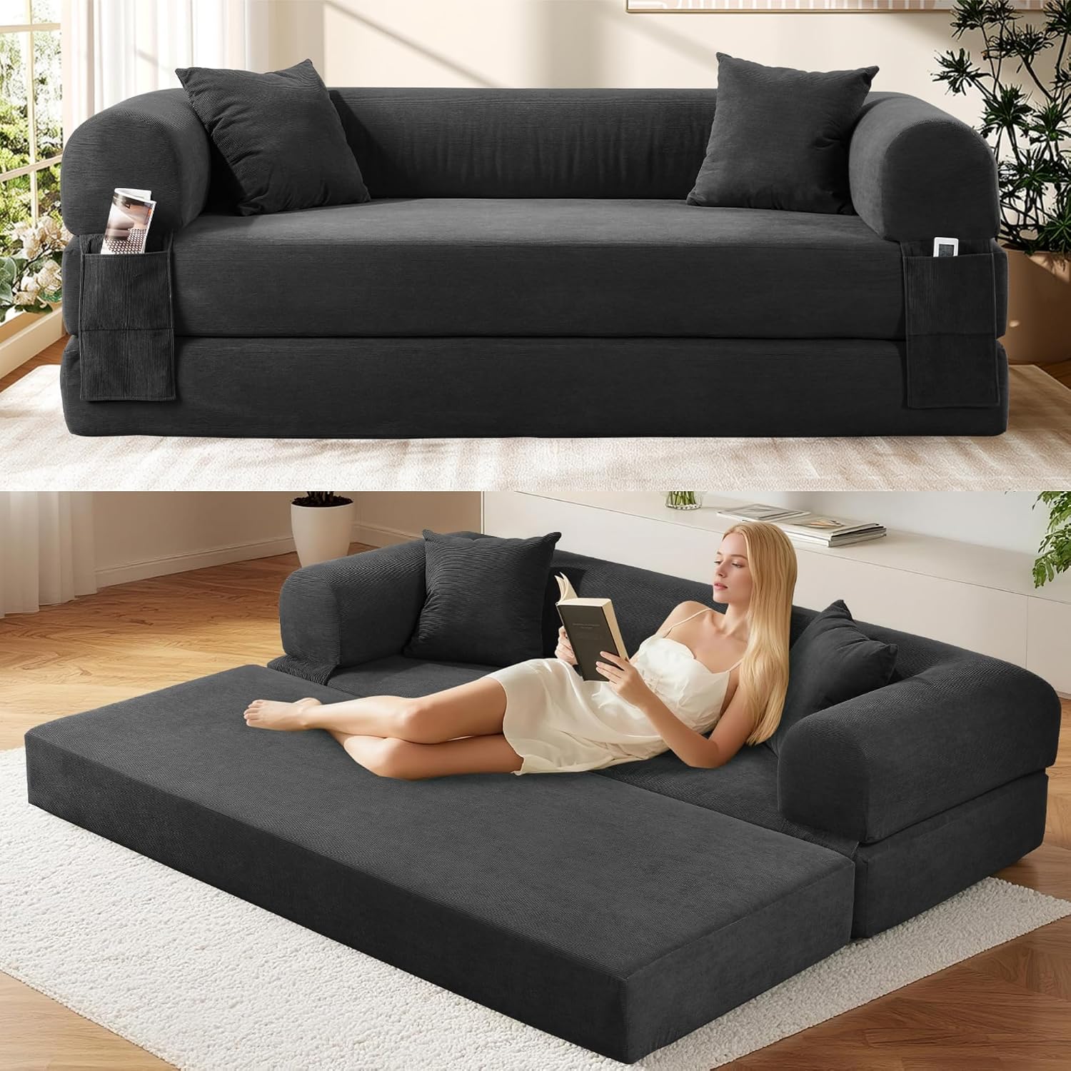 Convertible Futon Sofa Bed,80' Folding Pull Out Couch Bed with Pillows & Storage,Queen Sleeper Sofa Bed,Compressed Couch in a Box,Corduroy Boneless Couches for Living Room,Deep Gray