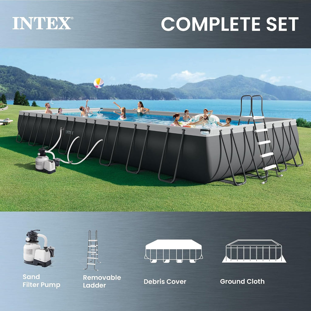 Intex 26373EH Ultra XTR 32ft x 16ft x 52in Above Ground Swimming Pool Set with Sand Filter Pump, Inflatable Lounge Pool Recliners (2-Pack) and Inflatable Cooler