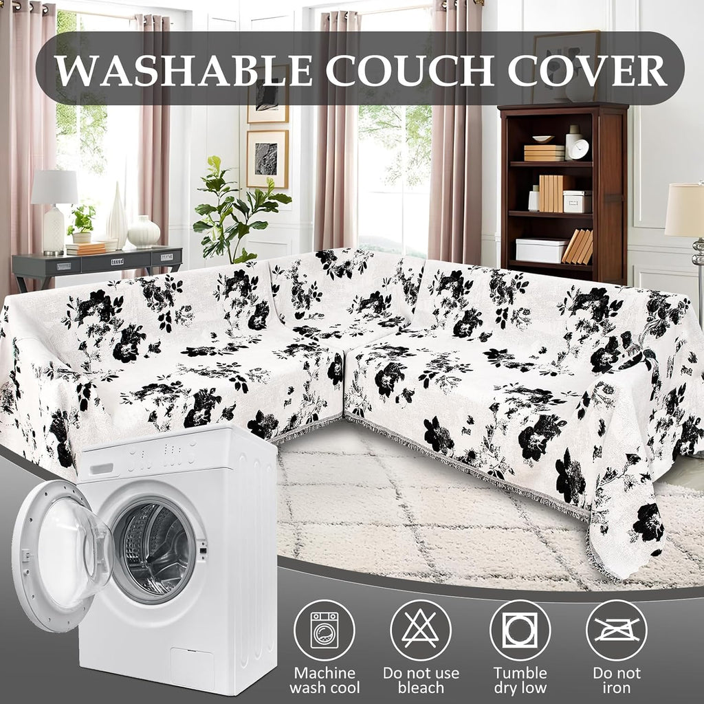 1OO% Waterproof Sectional Couch Covers for Dogs L Shaped Corner Sofa Cover Washable Chenille Sofa Slipcovers Blanket Modern Jacquard Pet Furniture Protector (91'x252', Black Flower)