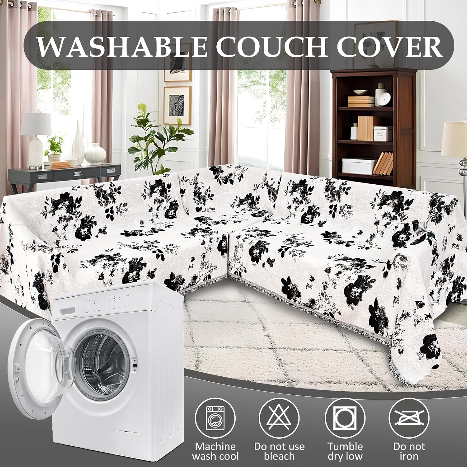 1OO% Waterproof Sectional Couch Covers for Dogs L Shaped Corner Sofa Cover Washable Chenille Sofa Slipcovers Blanket Modern Jacquard Pet Furniture Protector (91'x252', Black Flower)