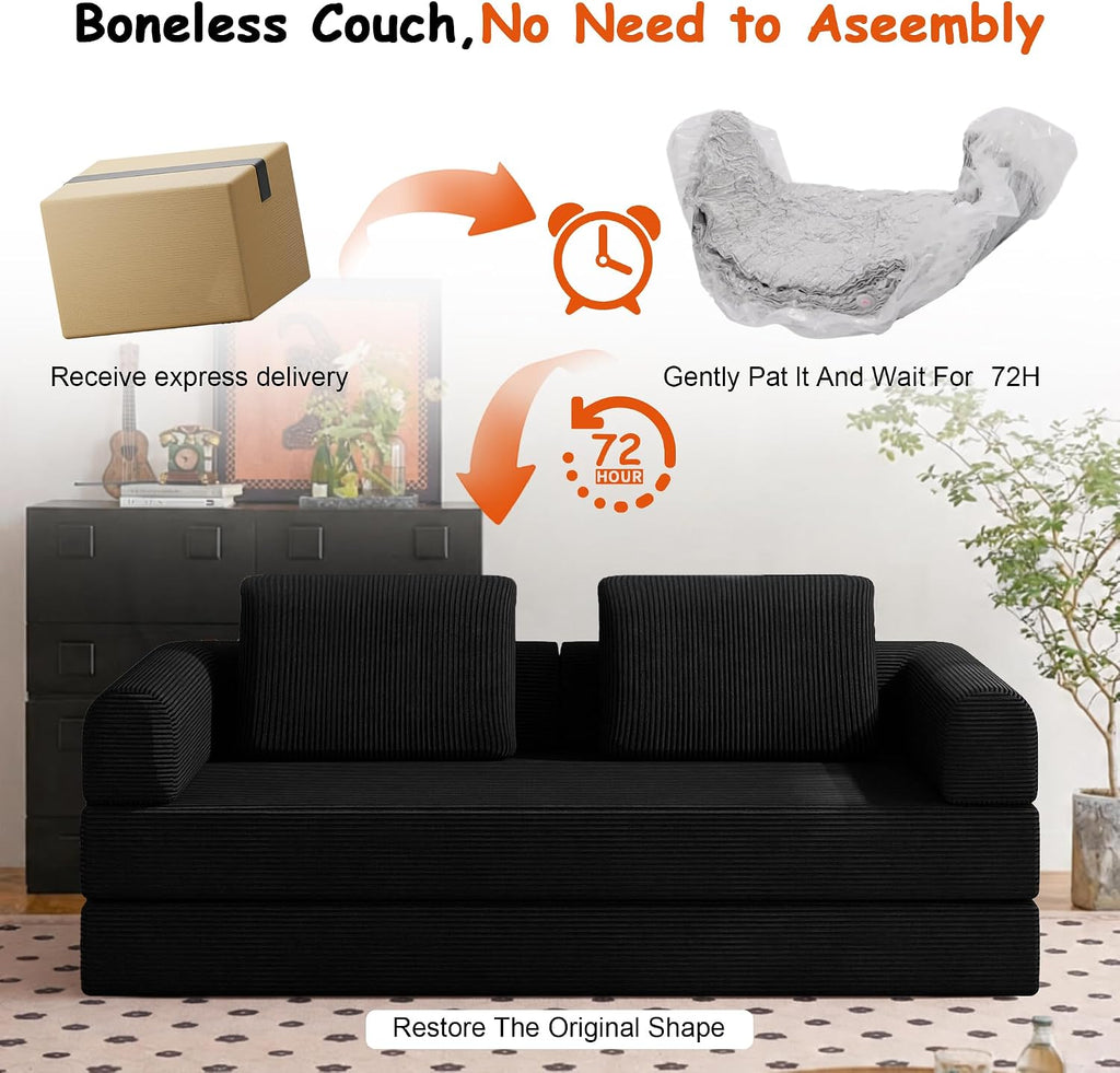 78' Convertible Sofa Bed, 5-in-1 Boneless Sleeper Sofa with with Fixed Frame & Pocket, Corduroy Pull Out Couch with 2 Pillows, Couch Bed for Living Room, Small Spaces, Bedroom, No Assembly