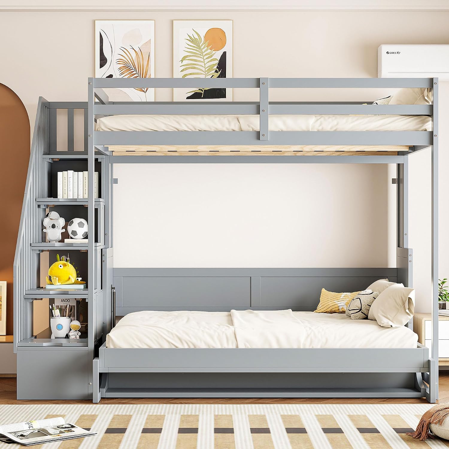 Merax Modern Farmhouse Solid Wood Loft Bed with Murphy Bed Cabinet w/Hydraulic Lift Full Over Full, Wall Bunk Bed with Storage Staircase, Shleves & Desk/Space Saving/Wood Slat Support/Gray