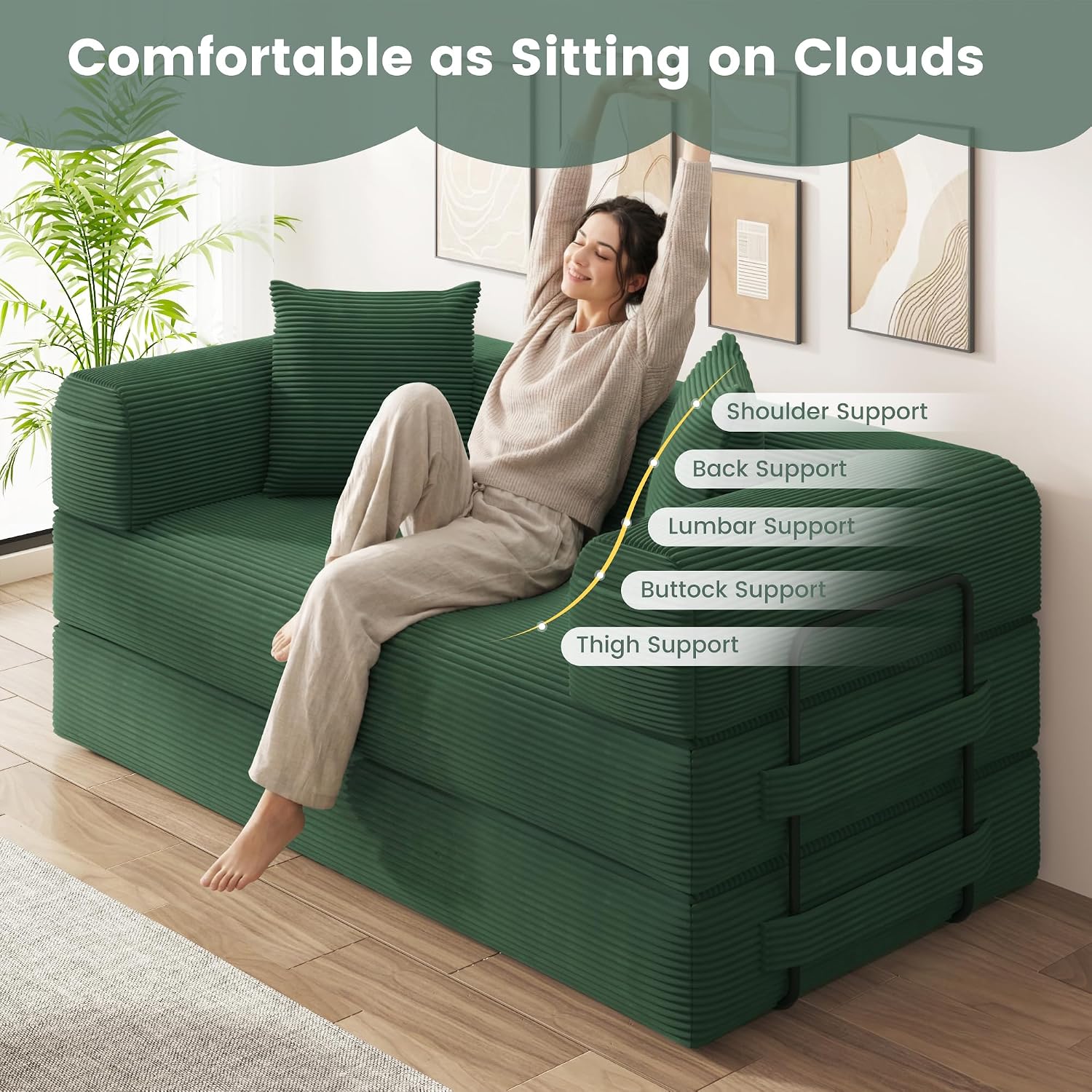 80' Convertible Sofa Bed, 5 in 1 Modular Boneless Couch Sleeper Sofa Bed with Fixed Frame & Removable Backrest Pillow, Washable Corduroy Futon Sofa Bed Couch in a Box for Small Spaces, Dark Green
