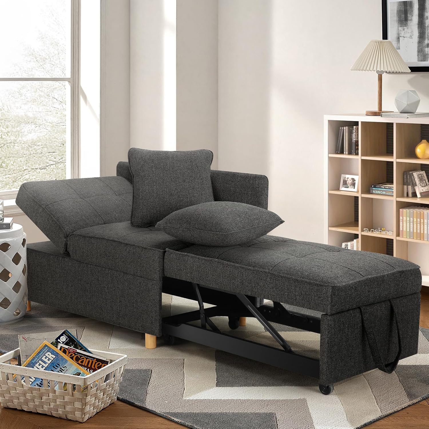 SEJOV Sofa Bed 4-in-1 Convertible Sofas & Couches, 3-Seat Linen Fabric loveseat Sofa with 2 Throw Pillow, Single Recliner for Small Space with 5 Adjustable Backrest, Black