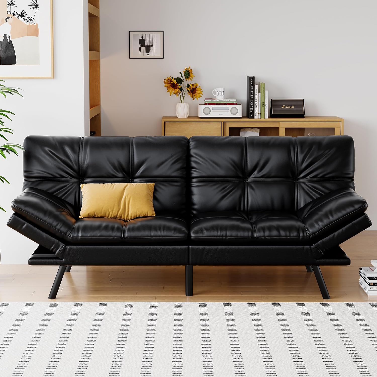 Futon Sofa Bed Convertible Couch, Black Faux Leather Sofa Bed with Memory Foam, Adjustable Backrest & Armrests, Multifunctional Small Loveseat Sleeper Sofa for Living Room, Apartment, Office