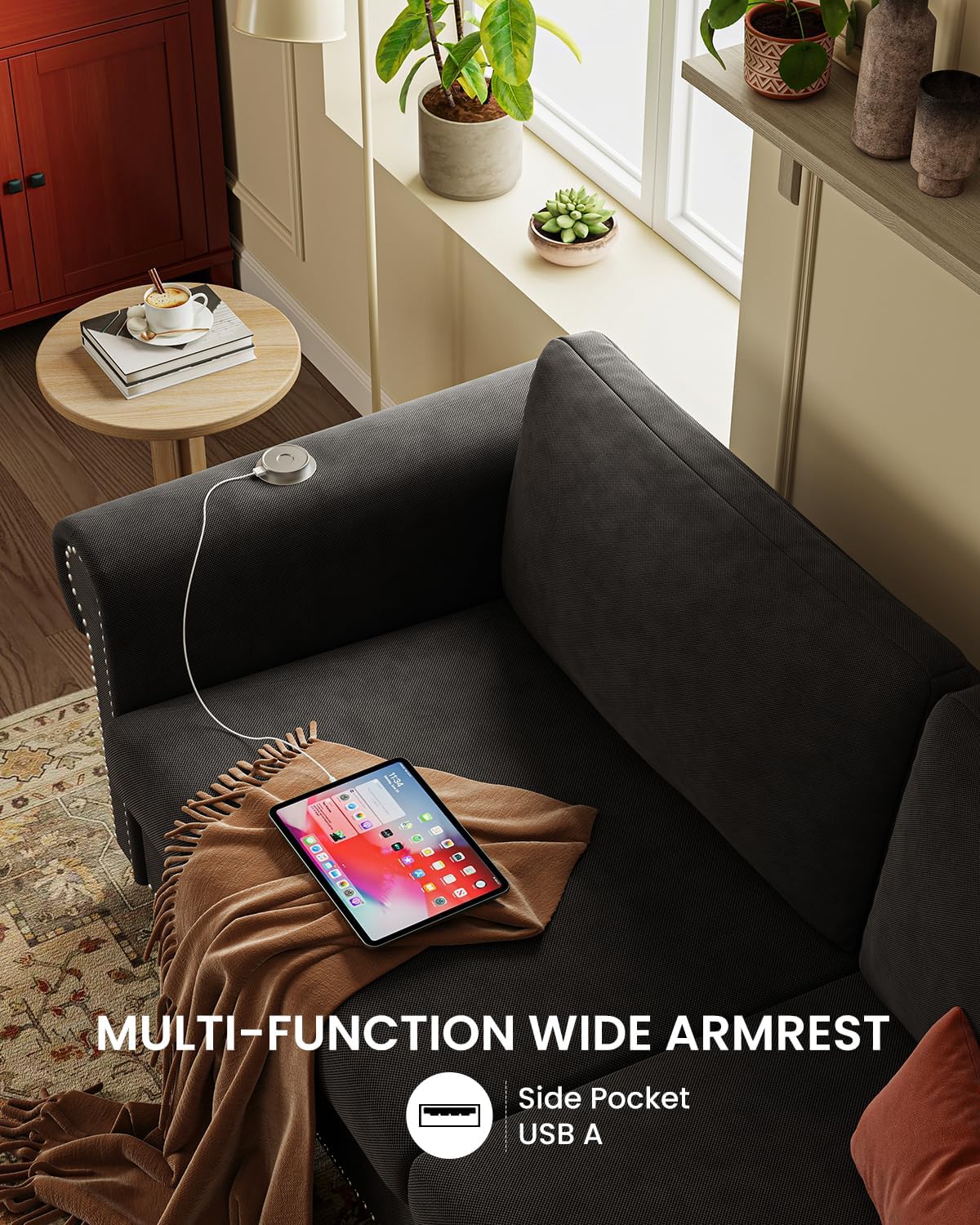 Queen Pull Out Sofa Bed | 83' Large Sleeper Sofa with Queen Size Mattress | 2-in-1 Convertible Loveseat Sofa-Bed with USB Ports Side Pockets Black