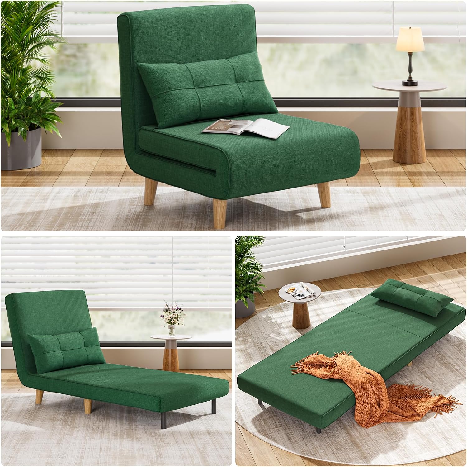 Aiho 3-in-1 Convertible Sleeper Chair Bed，Futon Chair with 6-Level Adjustable Backrest for Apartment, Bedroom, Office，Green
