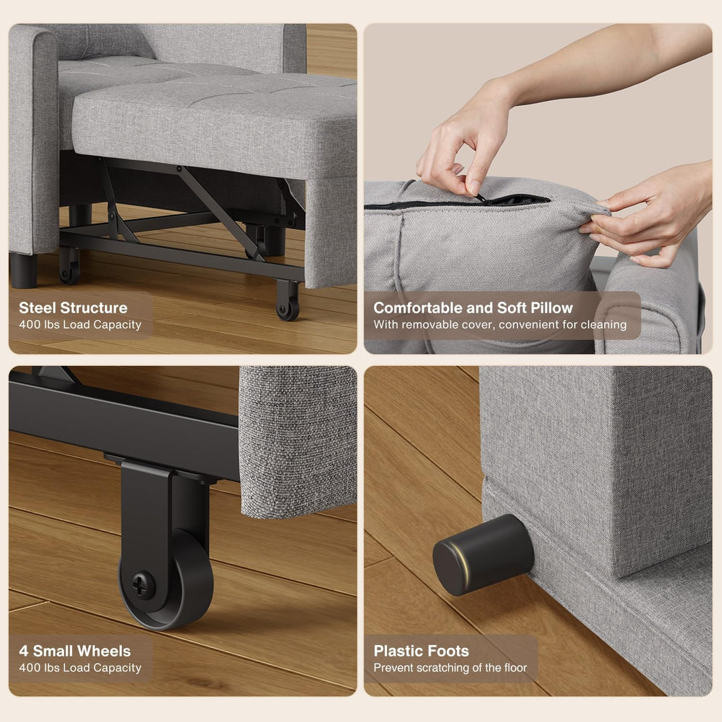 Aiho Convertible Sleeper Chair, 3-in-1 Sofa Bed with Adjustable Design, Pillow & Pocket - Pull Out Sleeper for Apartment, Light Gray