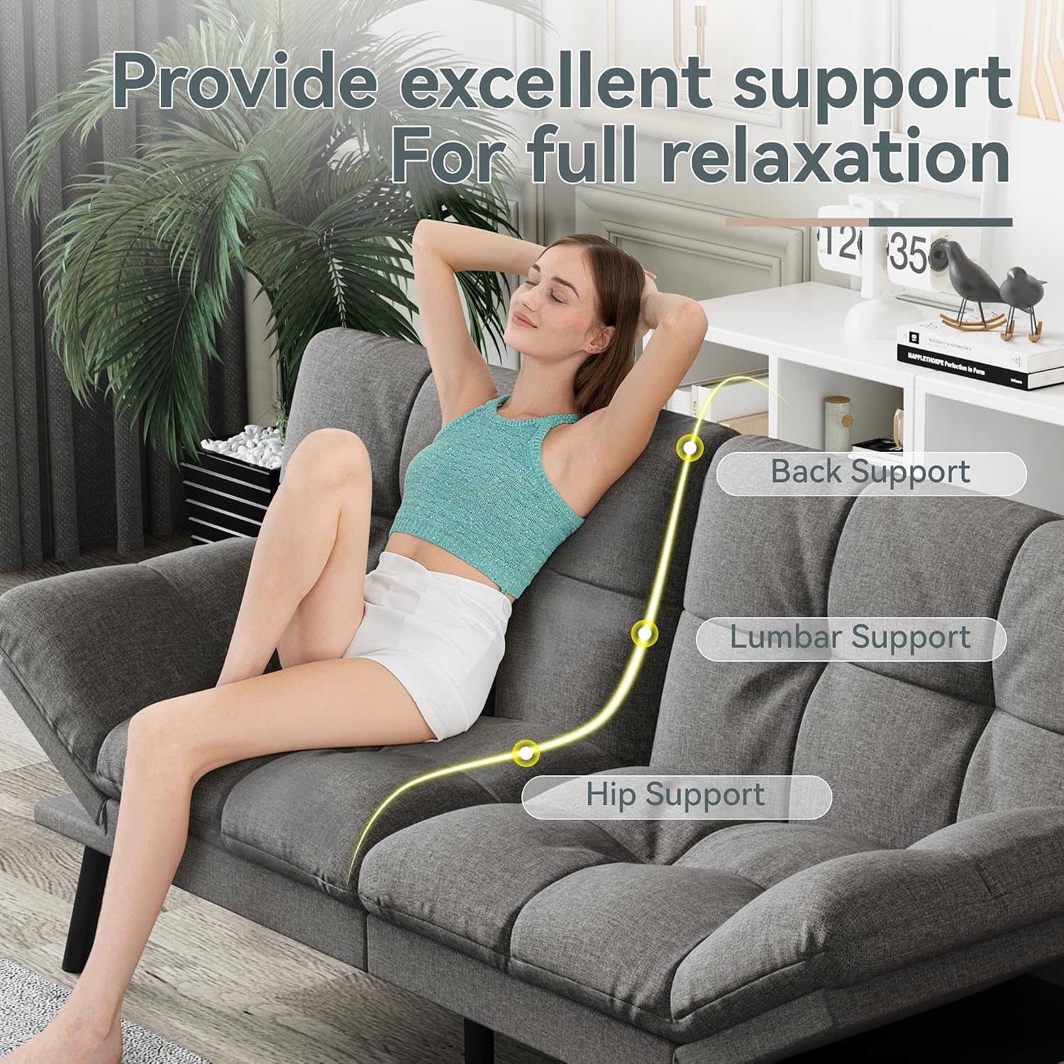 Futon Sofa Bed Convertible Couch, Grey Linen Sofa Bed with Memory Foam, Adjustable Backrest & Armrests, Multifunctional Small Loveseat Sleeper Sofa for Living Room, Apartment, Office