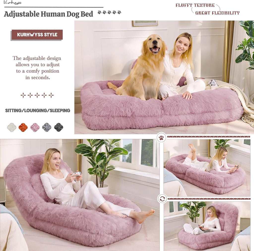 Upholstered Human Dog Bed for Adult & Pets, Convertible Lazy Sofa Bed with 5 Adjustable Position, Comfy Tatami Bean Bag Lounge Chair with a Soft Pillow for Bedroom Living Room (Pink Fluffy)