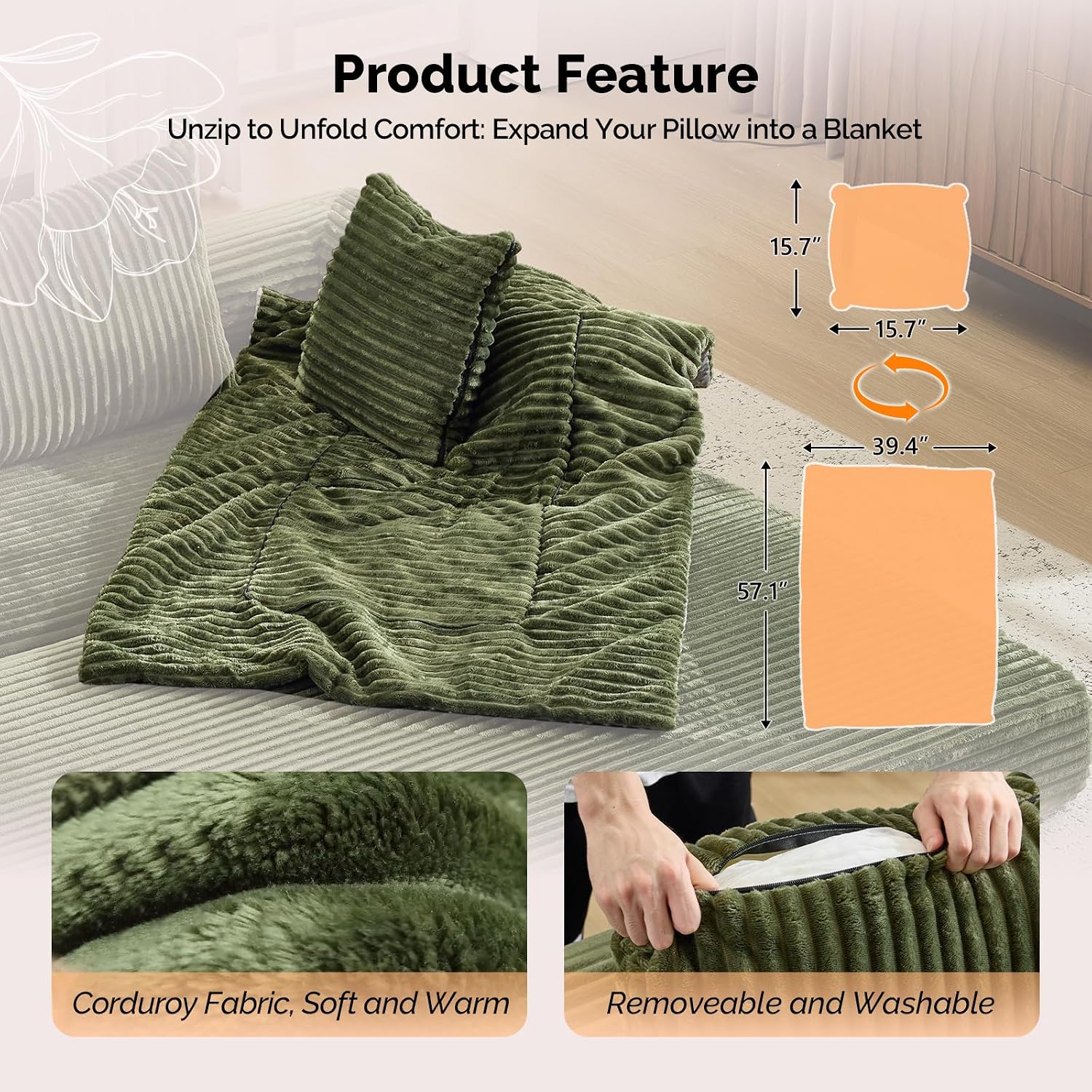 VINGLI Convertible Futon Sofa Bed, Upholstered Corduroy Boneless Couch King Size Floor Loveseat Sleeper Sofa with 2-in-1 Throw Pillow & Blanket Couches for Living Room, Bedroom, Lounge, Green