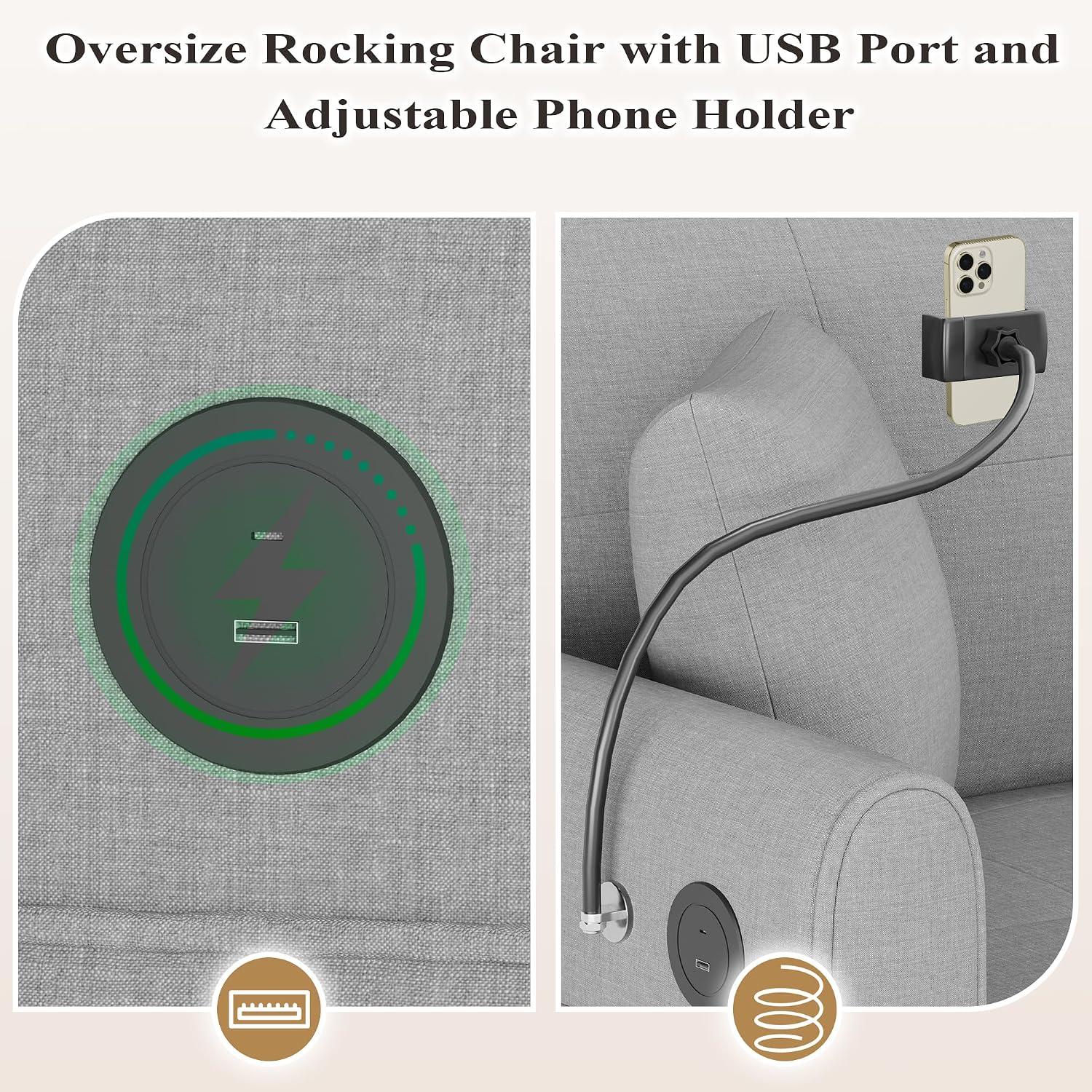 HOMREST Upholstered Oversize Rocking Chair with Adjustable Phone Handle, Nursery Rocking Chair with High Back and Side Pocket USB Port, Double Wide Rocker for Living Room, Bedroom, Nursery, Grey