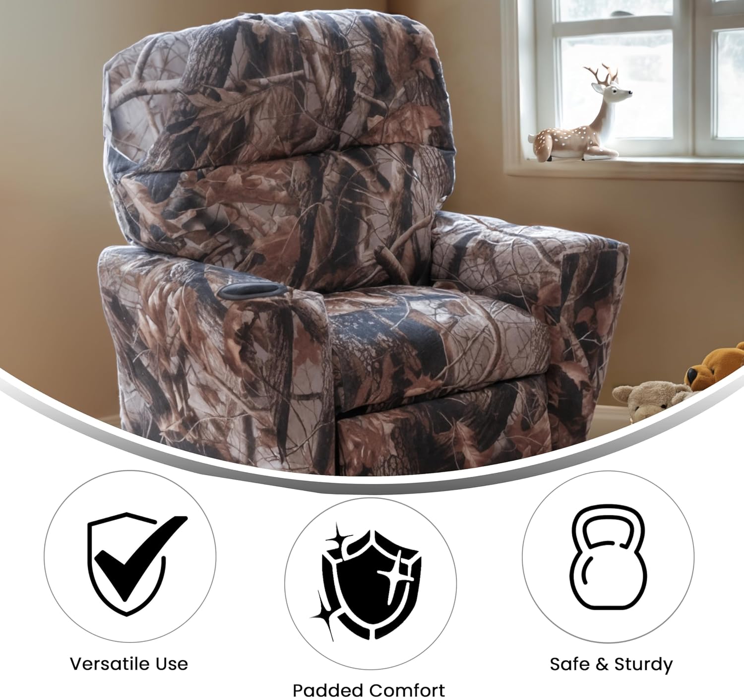 Flash Furniture Chandler Vinyl Kids Recliner with Cup Holder and Safety Recline, Contemporary Reclining Chair for Kids, Supports up to 90 lbs., Camouflage