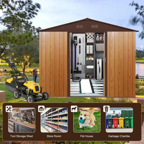 10 x 8 FT Outdoor Storage Shed, Metal Garden Shed with Floor Frame, Large Tool Shed Outdoor Storage with Lockable Sliding Doors & Air Vents, Storage House Waterproof for Backyard, Lawn, Coffee