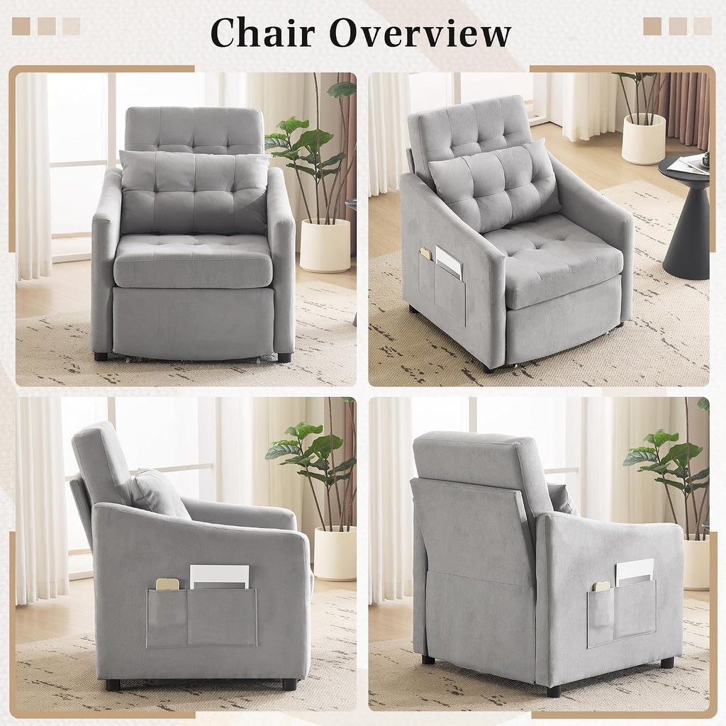 Bezseller Sleeper Sofa Chair Bed, 3-in-1 Convertible Sleeper Chair with Storage Drawer, Pull Out Couch with Side Pocket, Pillow, and Adjustable Backrest, for Living Room Bedroom Apartment, Light Grey