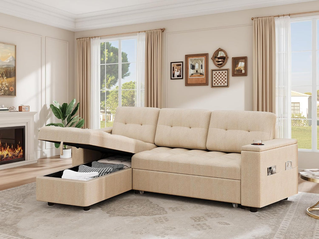 YITAHOME Sleeper Sofa, L-Shaped Sofa Couch Bed with Storage Chaise & USB, Reversible Sleeper with Pull Out Bed, 4-Seat Fabric Convertible Sofa, 2-in-1 Pull Out for Living Room, Beige