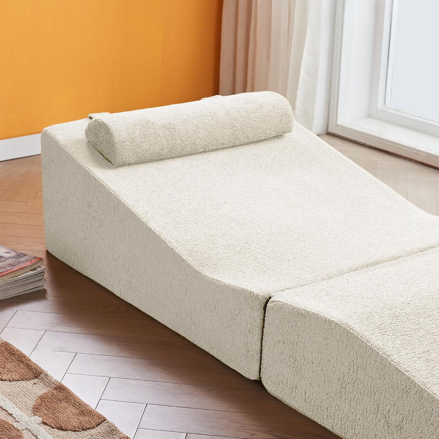 GDFStudio Rue Velvet Foldable Sofa Bed, Convertible Sleeper Chair with Pillow, Foldable Mattress with Back Support, Portable Lounge Sofa for Living Room/Bedroom, No Assembly Needed, Beige