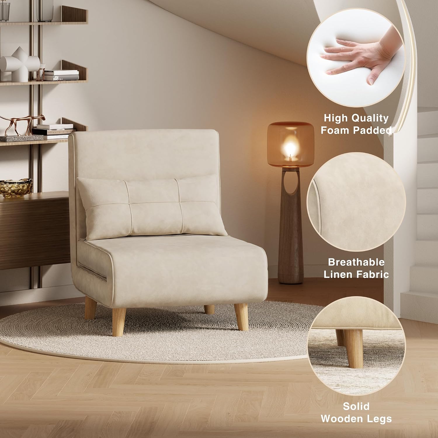 Aiho Futon Sofa Bed, 3-in-1 Convertible Sleeper Chair Bed, Futon Chair with 6-Level Adjustable Backrest and Pillow for Guest Room Apartment Dorm, Velvet Beige