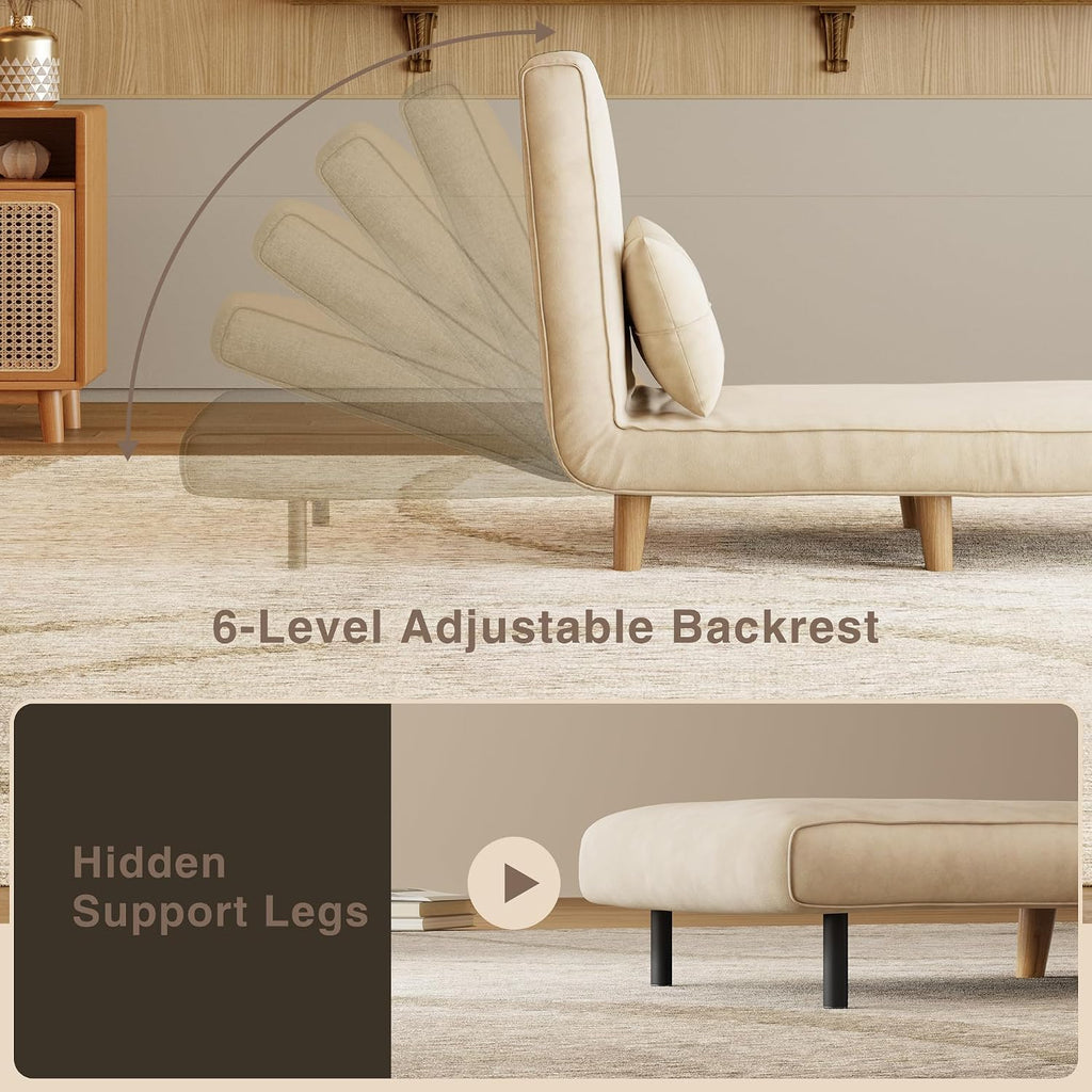 Aiho Futon Sofa Bed, 3-in-1 Convertible Sleeper Chair Bed, Futon Chair with 6-Level Adjustable Backrest and Pillow for Guest Room Apartment Dorm, Velvet Beige