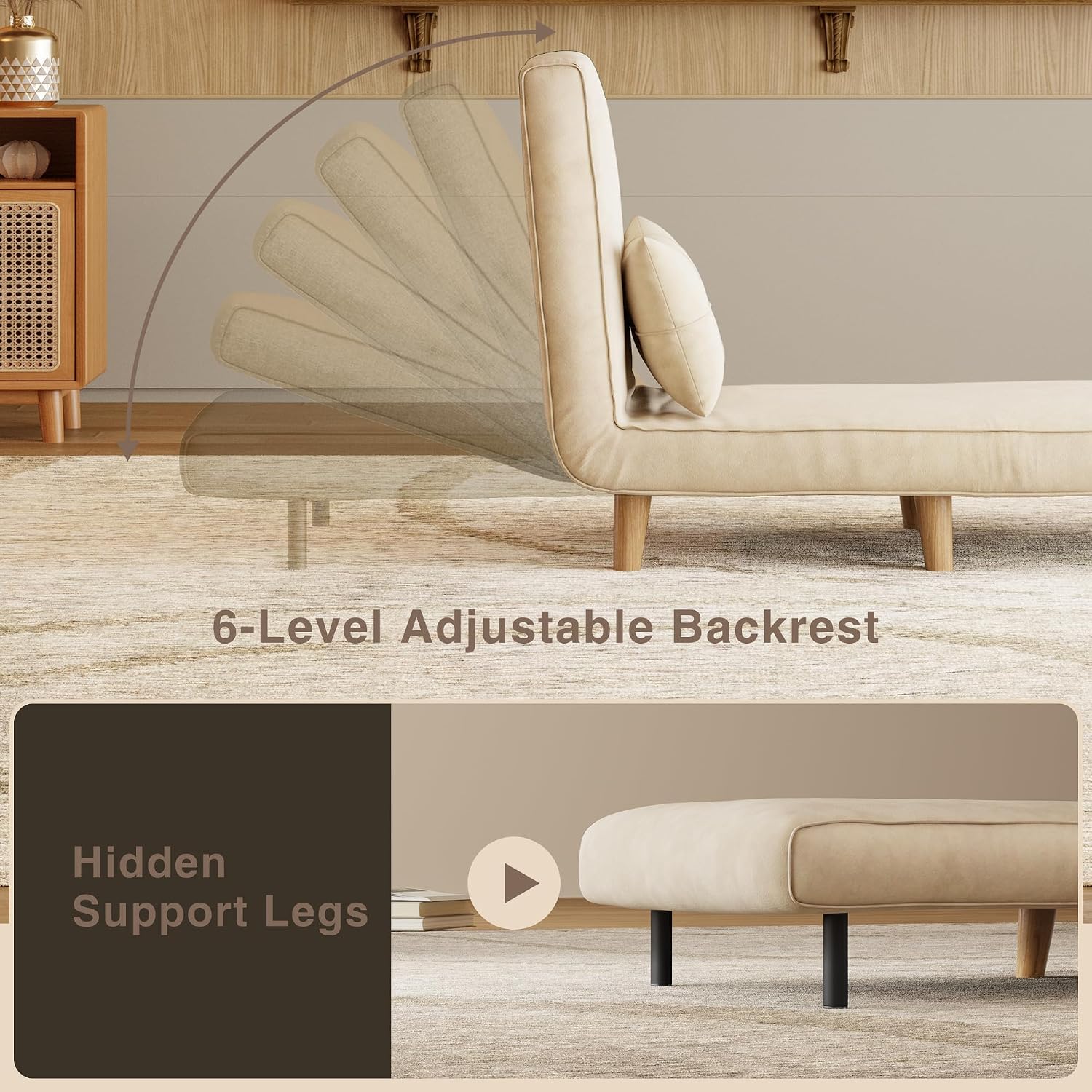 Aiho Futon Sofa Bed, 3-in-1 Convertible Sleeper Chair Bed, Futon Chair with 6-Level Adjustable Backrest and Pillow for Guest Room Apartment Dorm, Velvet Beige