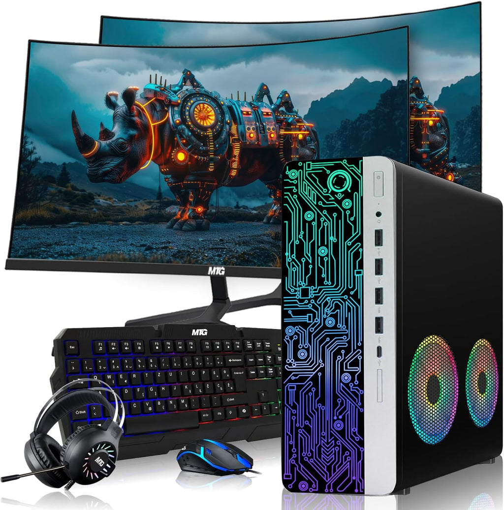 HP Gaming PC Desktop Computer – AMD Pro A10-9700,RX 550 Graphics,16GB RAM,1TB SSD,Dual 27 Inch Curved Monitor,RGB Keyboard with AI Copilot,Mouse,2X ARGB Fan WiFi,RGB Headphone,Windows 11(Renewed)