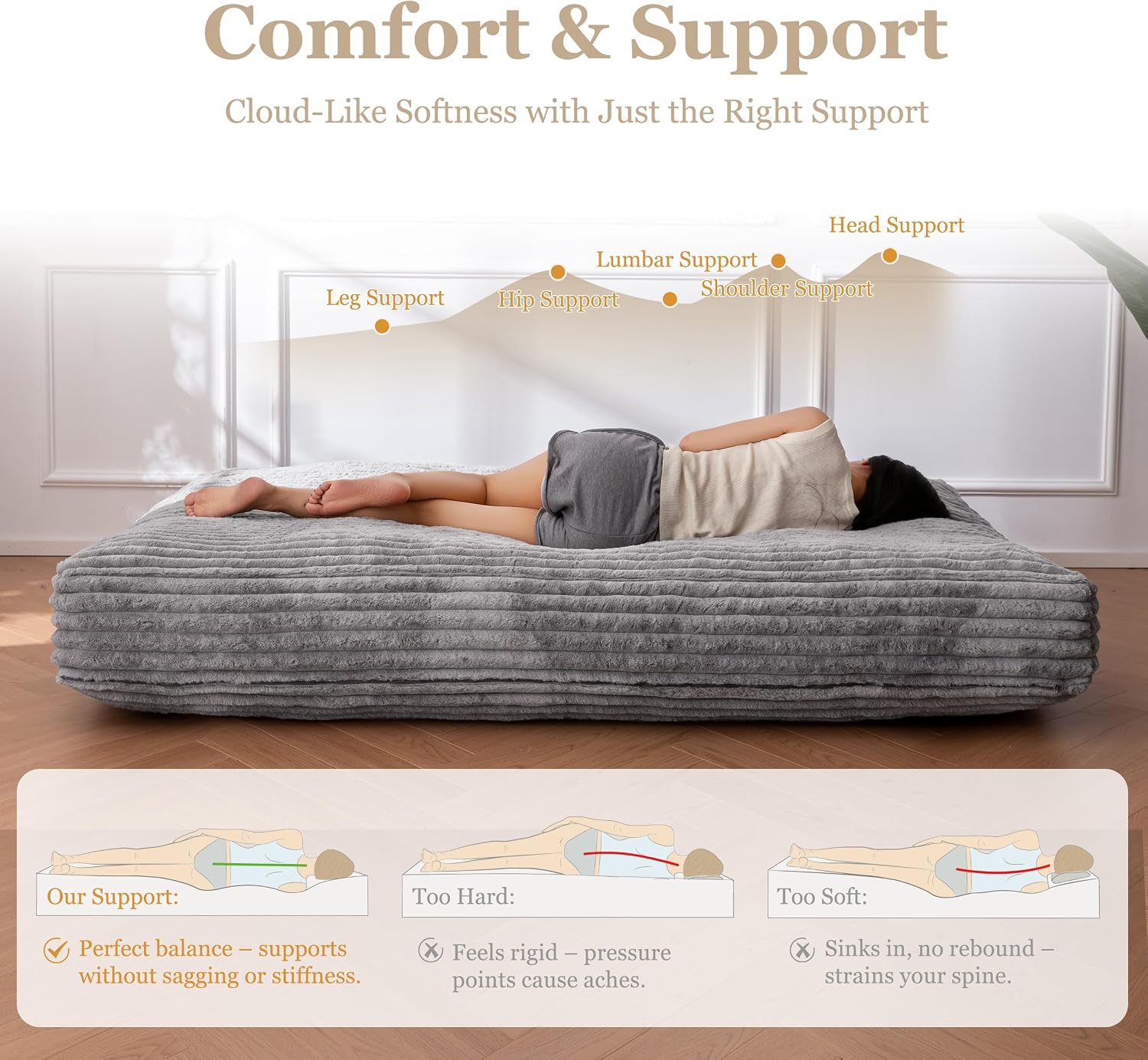 YOSHOOT 8 Inches Futon Mattress, Thick Futons Sofa Bed Couch, Floor Mattress for Adults, Shredded Foam Filling(Frame Not Included), Medium Firm，Queen Size
