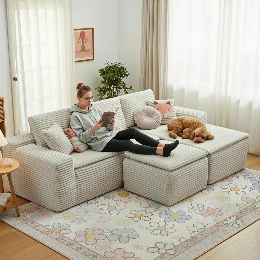 Modular Cloud Couch, Boneless Sectional Sofa for Living Room, Corduroy Fabric Deep Seat Memory Foam Couch, No Assembly Oversized Luxury Modern Fuzzy Plush, Compressed Couches Sofa in a Box