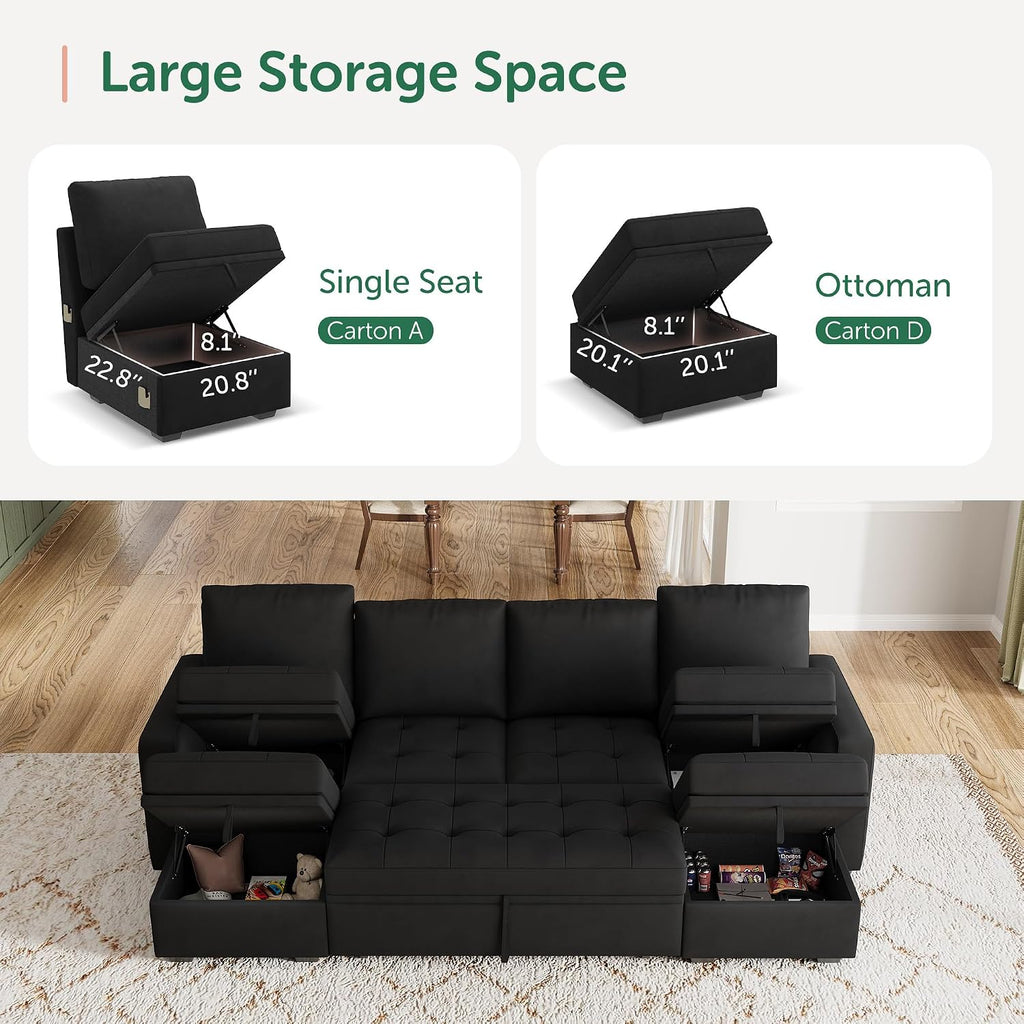 HONBAY Modular Sectional Sleeper Sofa with Pull Out Bed, Velvet Convertible L Shaped Couch with Storage Seat, Sectional Couches for Living Room, Black