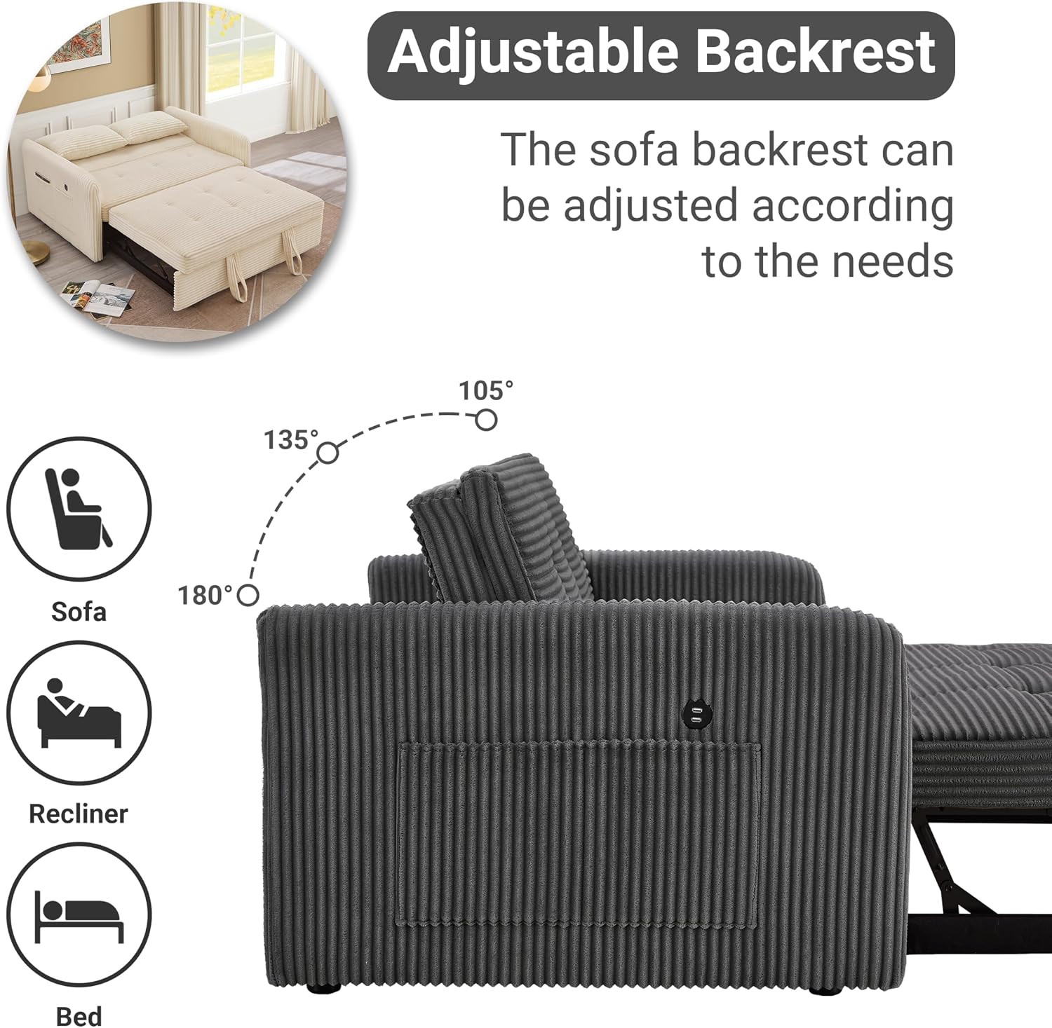 55.5' Corduroy Convertible Sofa Bed, Pull Out Sleeper Sofa Bed, Loveseat Couch with USB Charging Ports, 3 in 1 Convertible Sleeper Sofa Bed for Living Room, Apartment, Bedroom, RV, Grey