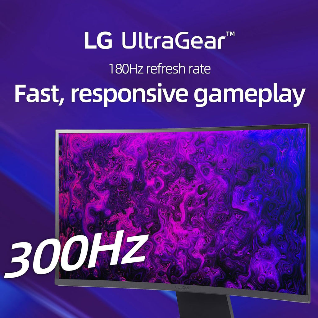 LG 27' QHD Gaming Monitor, Ultragear Curved Display, 180Hz, 1ms, 1000R, AMD FreeSync, HDR10, 99% sRGB, Black Stabilizer, DAS Crosshair FPS Counter, HDMI x2, DisplayPort, Borderless Design, Black