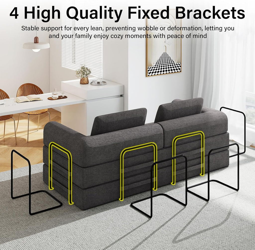 78'' Sleeper Couch Bed for Living Room, Convertible Modular Sofa with Fixed Frame and Side Pocket, Corduroy Futon Boneless Couches in a Box, No Assembly, Gray