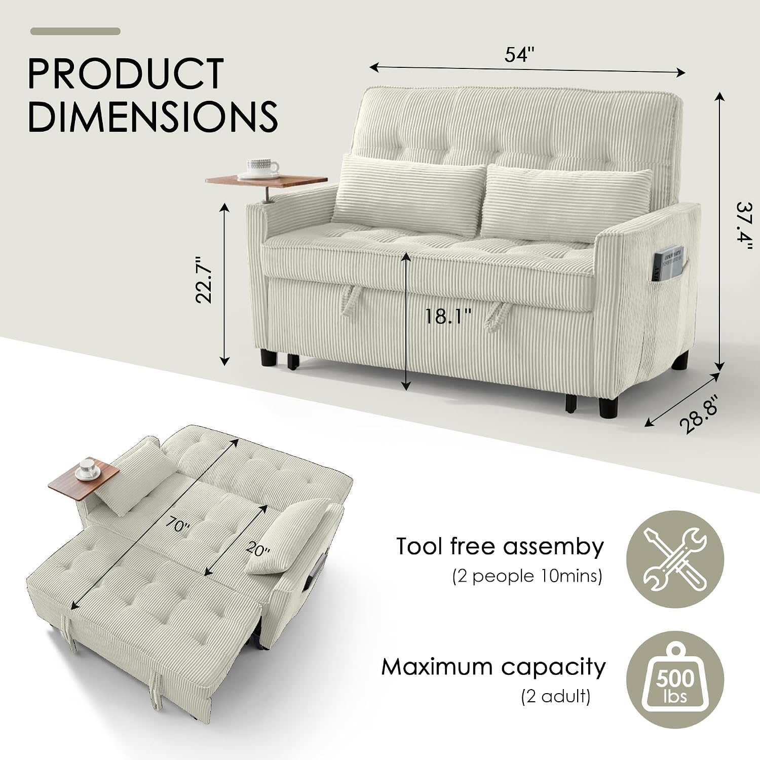 Sleeper Sofa Bed, 54'' Convertible Pull Out Couch with Small Table| USB Port | Stand Table | Corduroy Fabric | Adjustable Backrest for Apartment, Office, Bedroom, Guest Room (Beige)