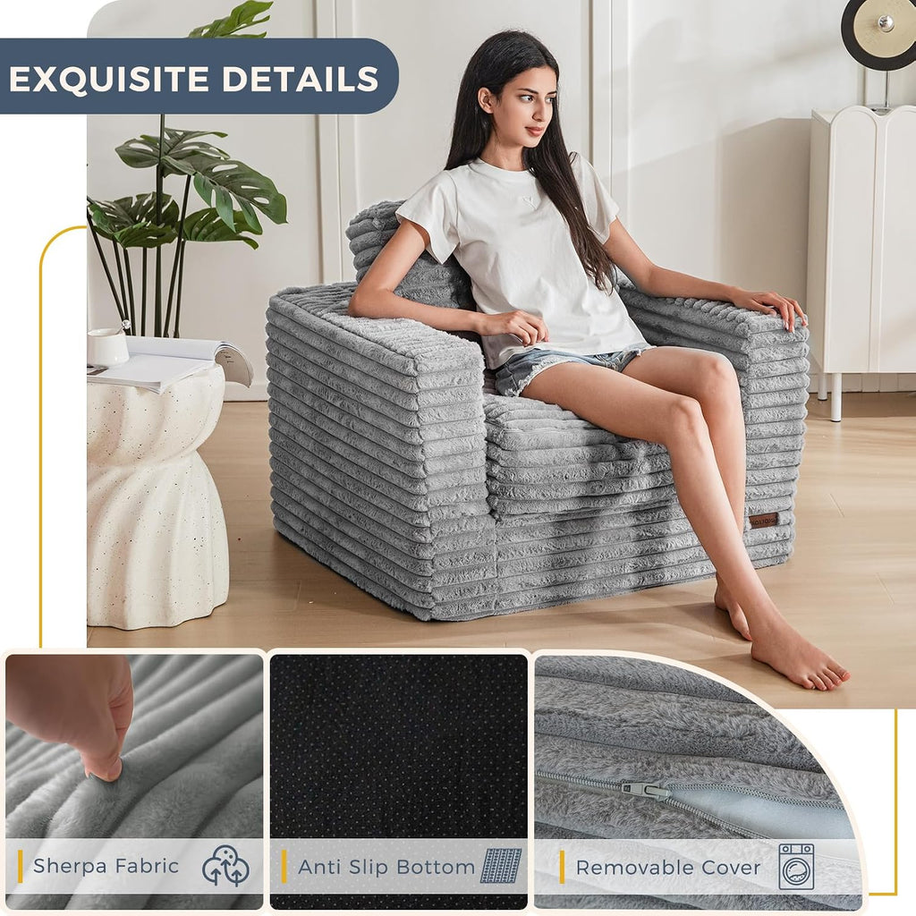 MAXYOYO Bean Bag Chair for Adults, Upholstered Floor Sofa with Pillows and Armrests, Bean Bag Sofa Plush Chair Couch for Bedroom Living Room, Dark Grey