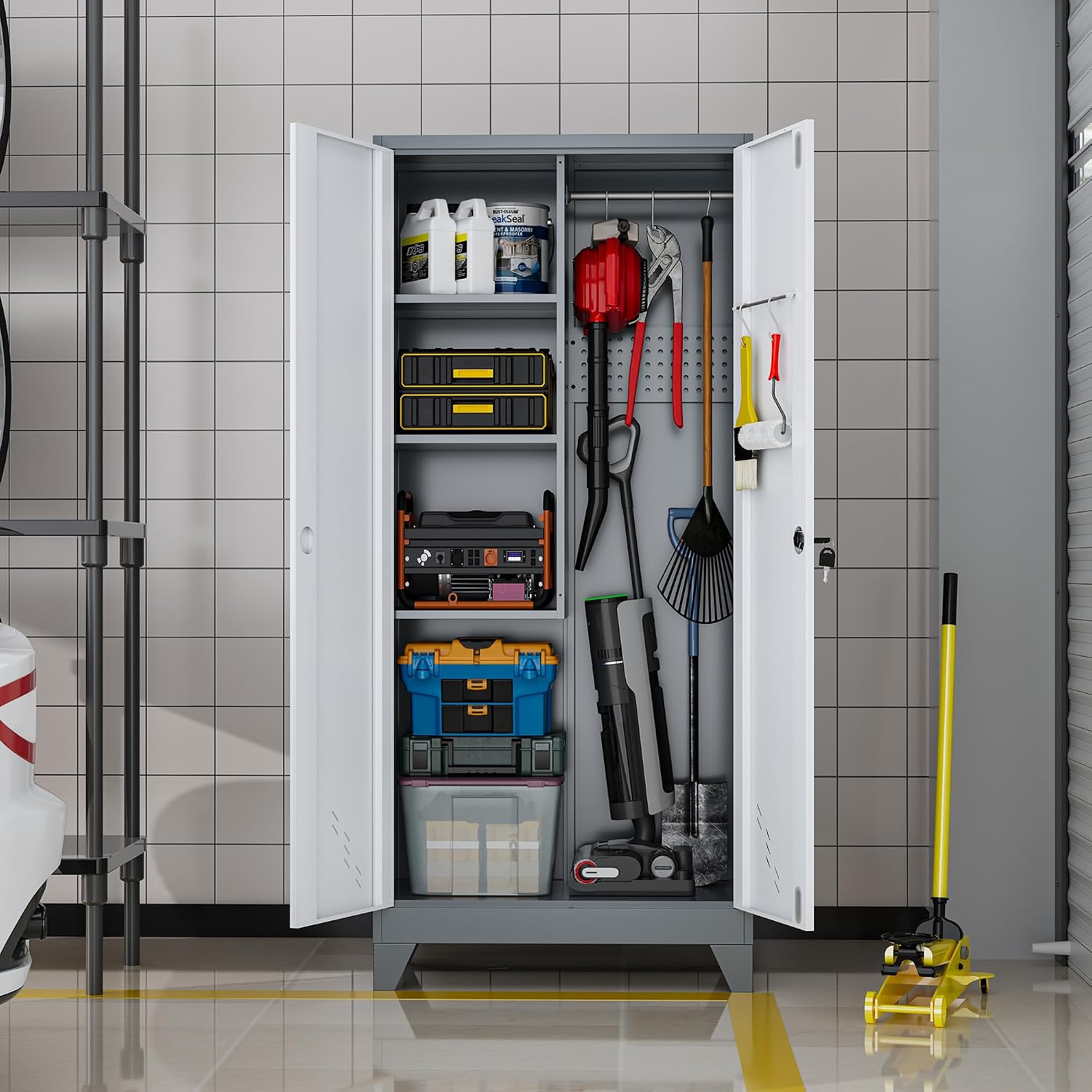 61' Metal Storage Cabinet with Lockable Doors, Cleaning Supply Cabinet with Pegboard and Hanging Rod. Garage Tool Storage Cabinets for Home, Laundry, Office, Home Kitchen Utility Cabinet