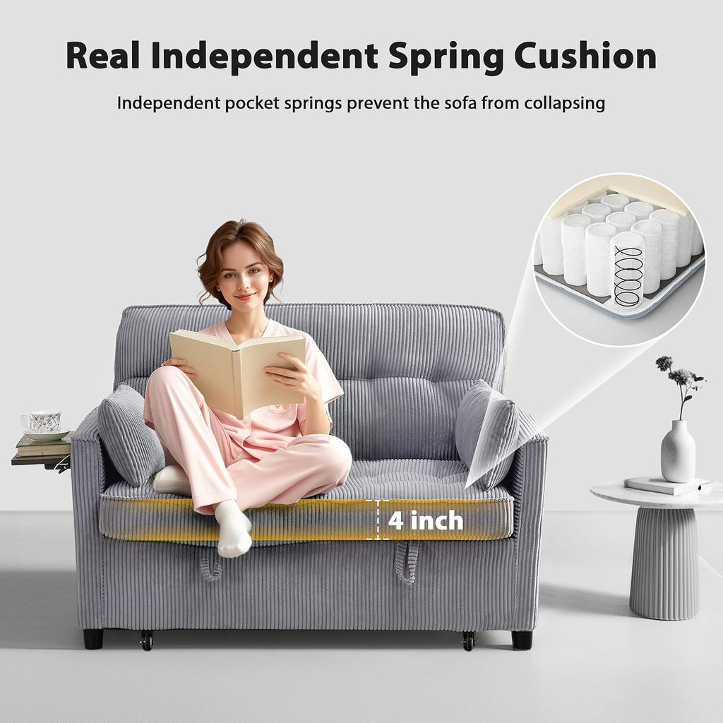 Sleeper Sofa Bed, 55'' Convertible Pull Out Couch with Small Table| USB Port | Side Pockets | Corduroy Fabric | Adjustable Backrest for Apartment, Office, Bedroom, Guest Room(LightGray)
