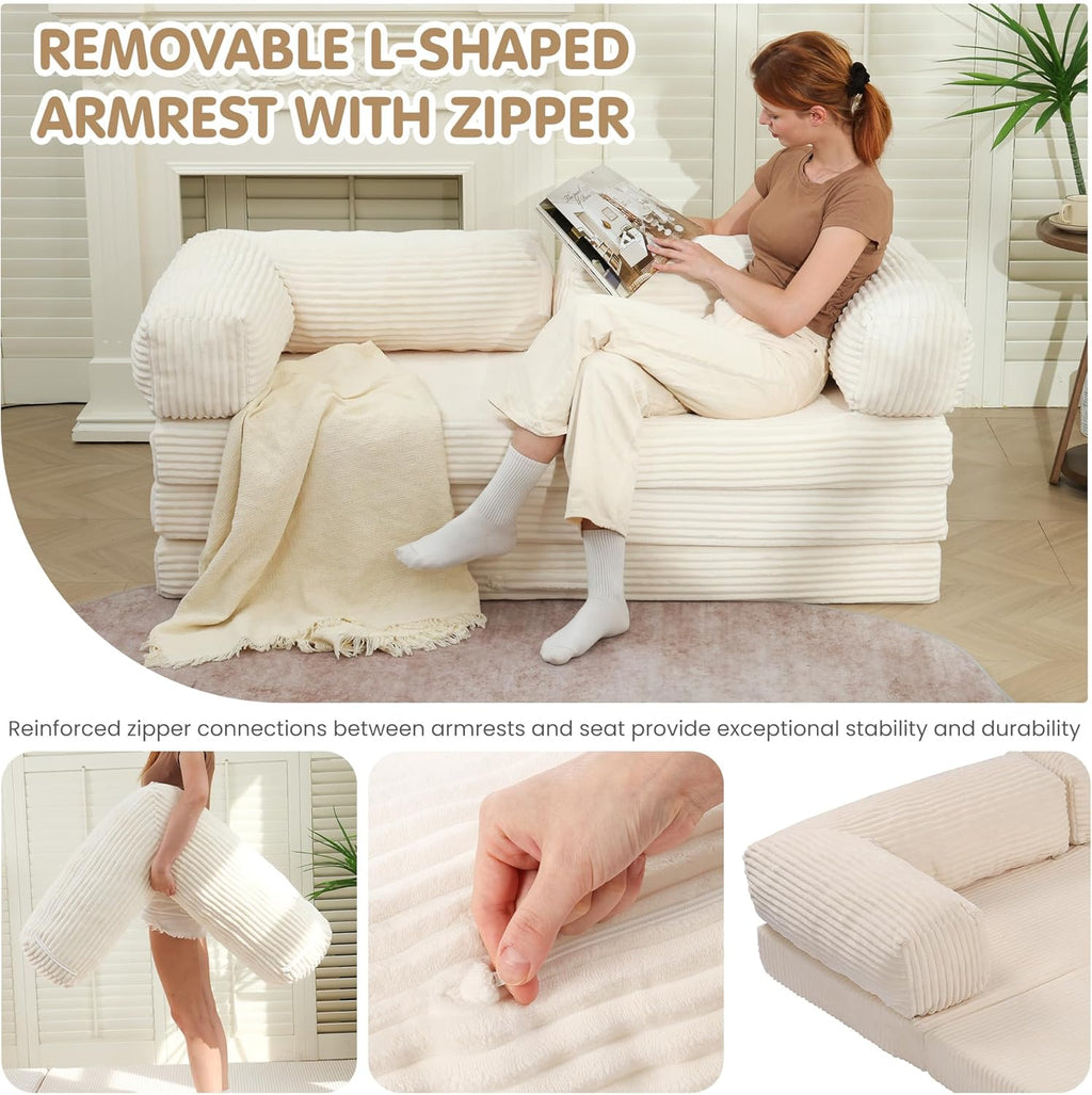 5-in-1 Convertible Sofa Bed Queen,Tri-Fold Mattress with Removable L-Shaped Armrests,Corduroy Boneless Couch Floor Sofa Futon Couch Sleeper with Pull Out Bed for Living Room Bedroom Apartment