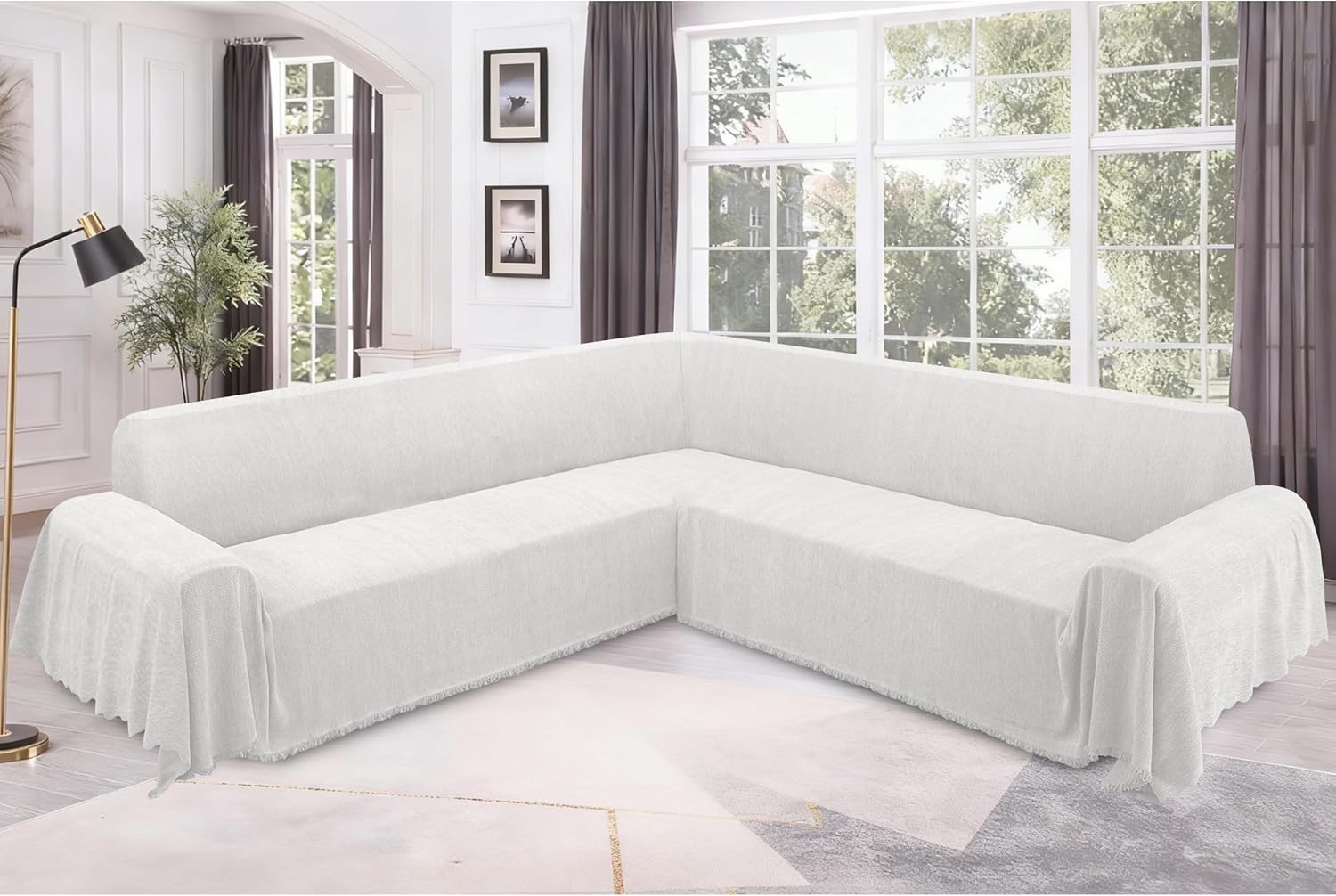 ALIECOM Corner Sectional Couch Covers L Shape Sofa Cover with Tassel Chenille Soft Thick U Shaped Sectional Slipcovers Washable Furniture Protector for Pets Dogs Cats (Air Grey, 91x275 Inch)