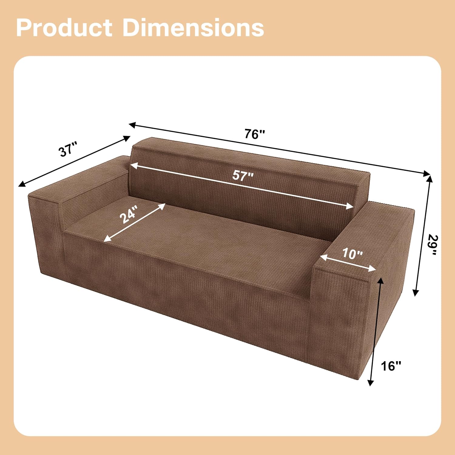 Swbvs Sofa-in-a-Box, Memory Foam 3-Seater Couch, No Installation & Easy to Transport, Deep Seat Modern Sofa with Corduroy Fabric, Couch for Living Room, Bedroom, Apartment, Home Office, Brown