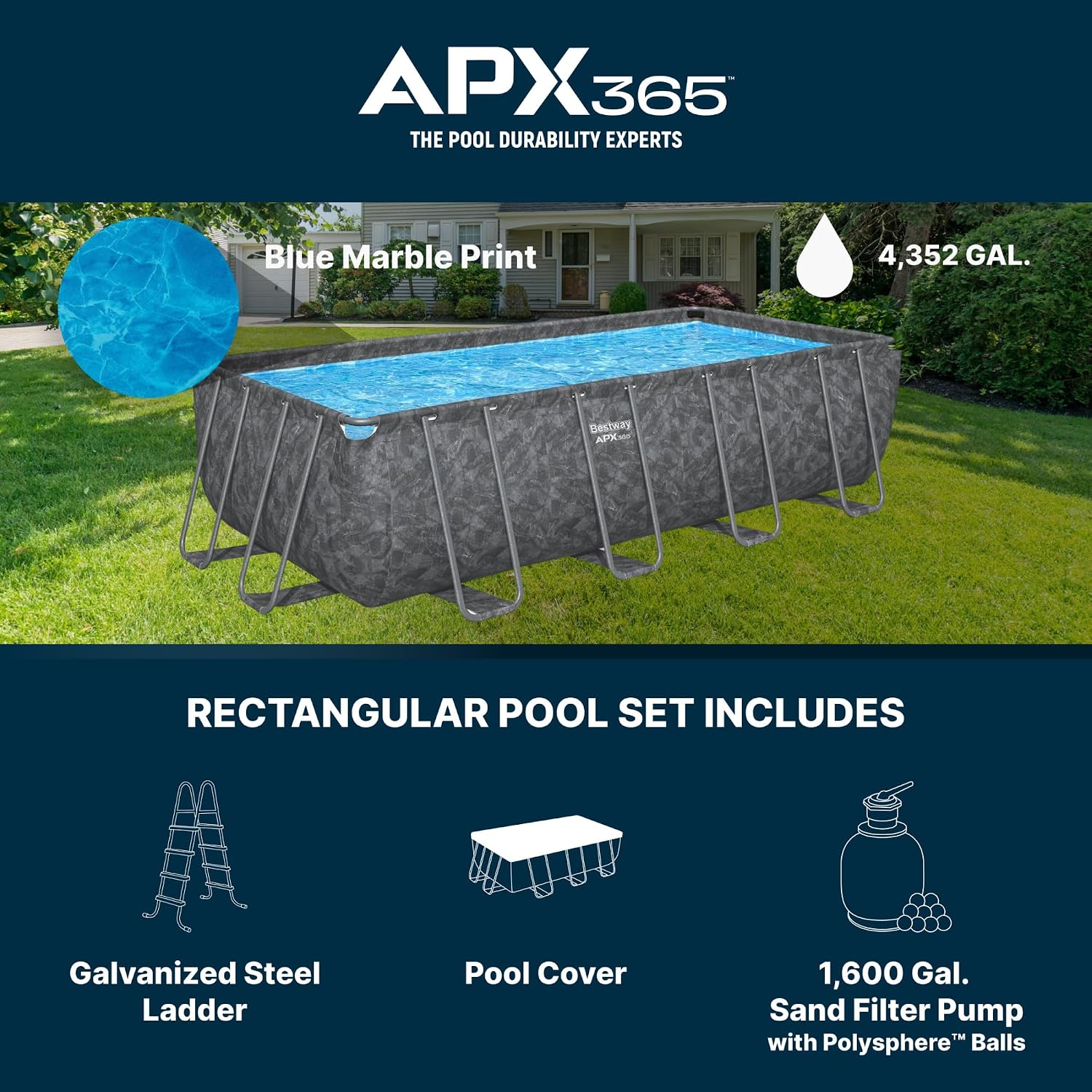Bestway APX 365 18' x 9' x 52' Above Ground Pool, Rectangular Metal Frame Outdoor Swimming Pool Set with Sand Filter Pump, Ladder, and Cover, Dark Marble